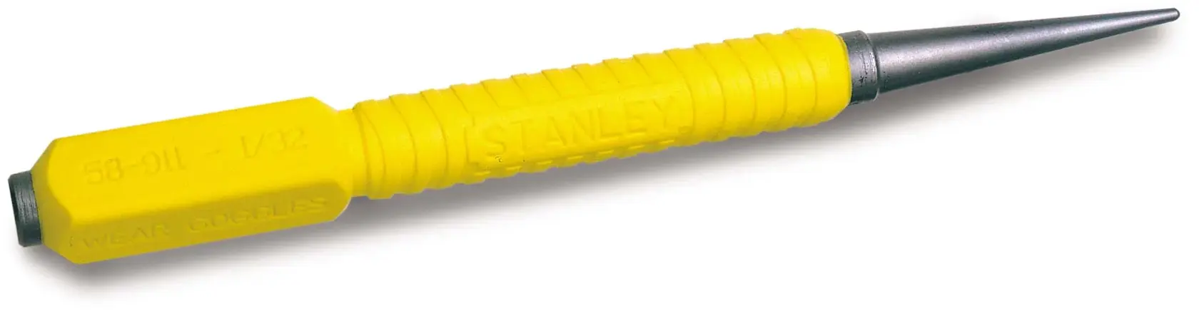 Photo of STANLEY 0-58-911 yellow grip steel punch tool, angled on white background, hand tool category.