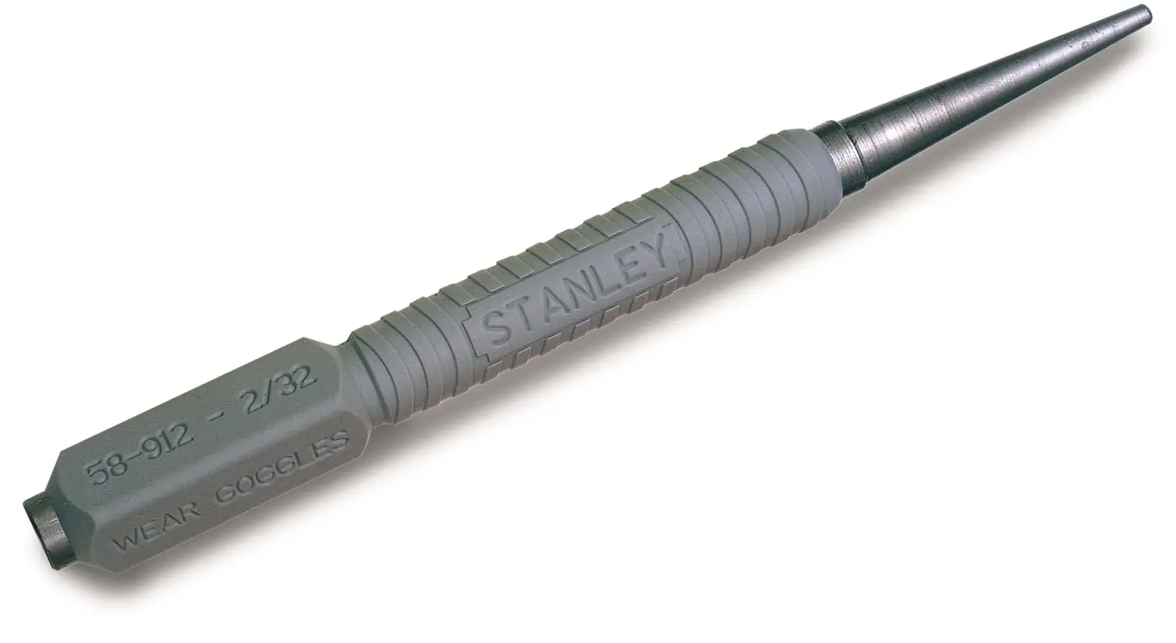 Stanley tapered punch tool, gray metal, with ribbed grip and engraved safety and sizing information.