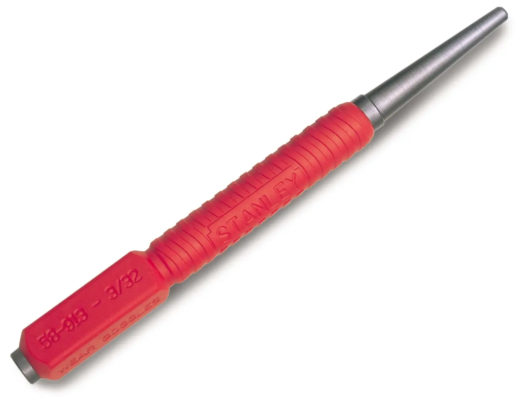 STANLEY 0-58-913 red-handled pin punch, photography, angled view on white background.