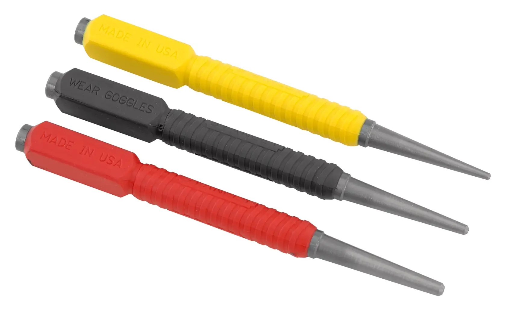 Three metal punches with colored handles in yellow, black, and red. Used for marking or driving objects.