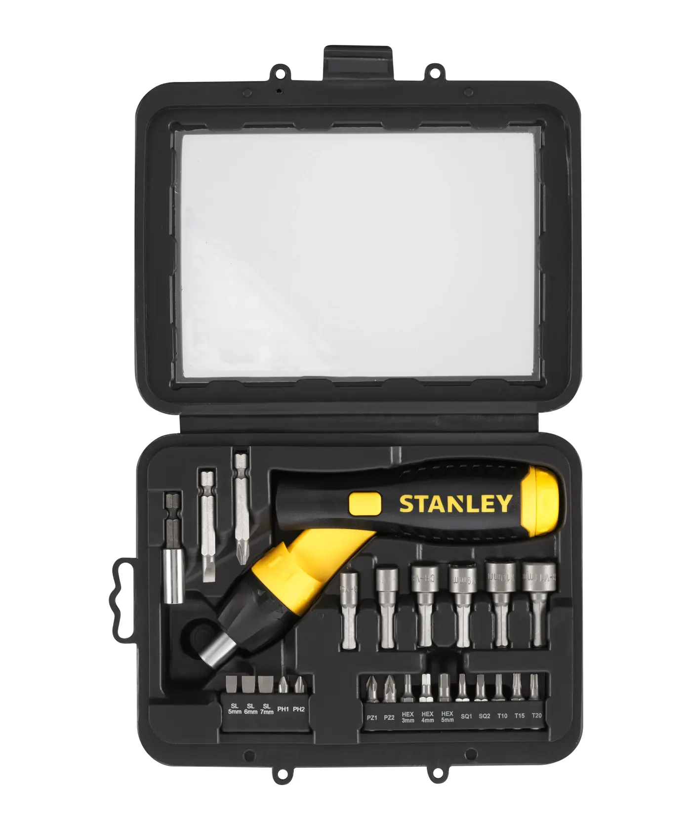 STANLEY 0-63-022 ratcheting screwdriver set with assorted bits in black case, top view.