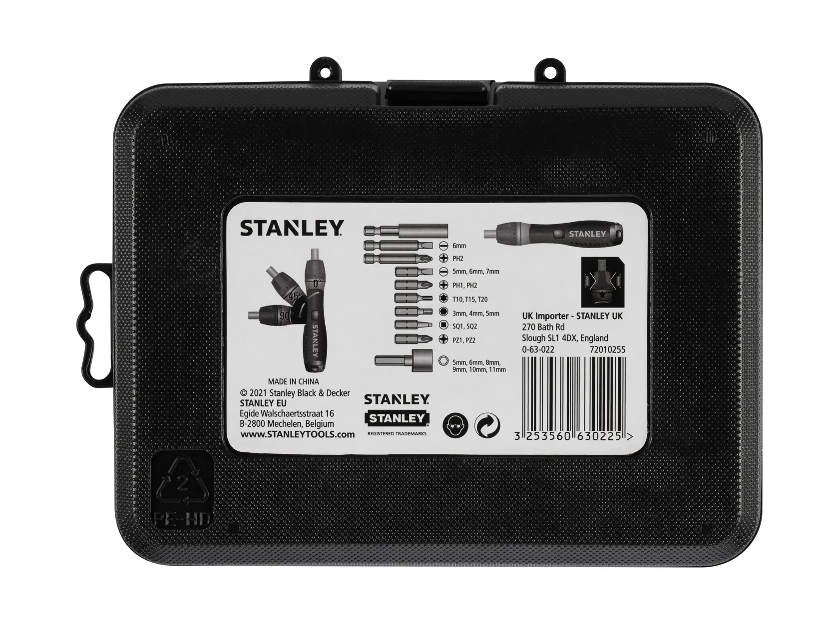 STANLEY 0-63-022 screwdriver and bit set case, black plastic, rear view with product details label, white background.