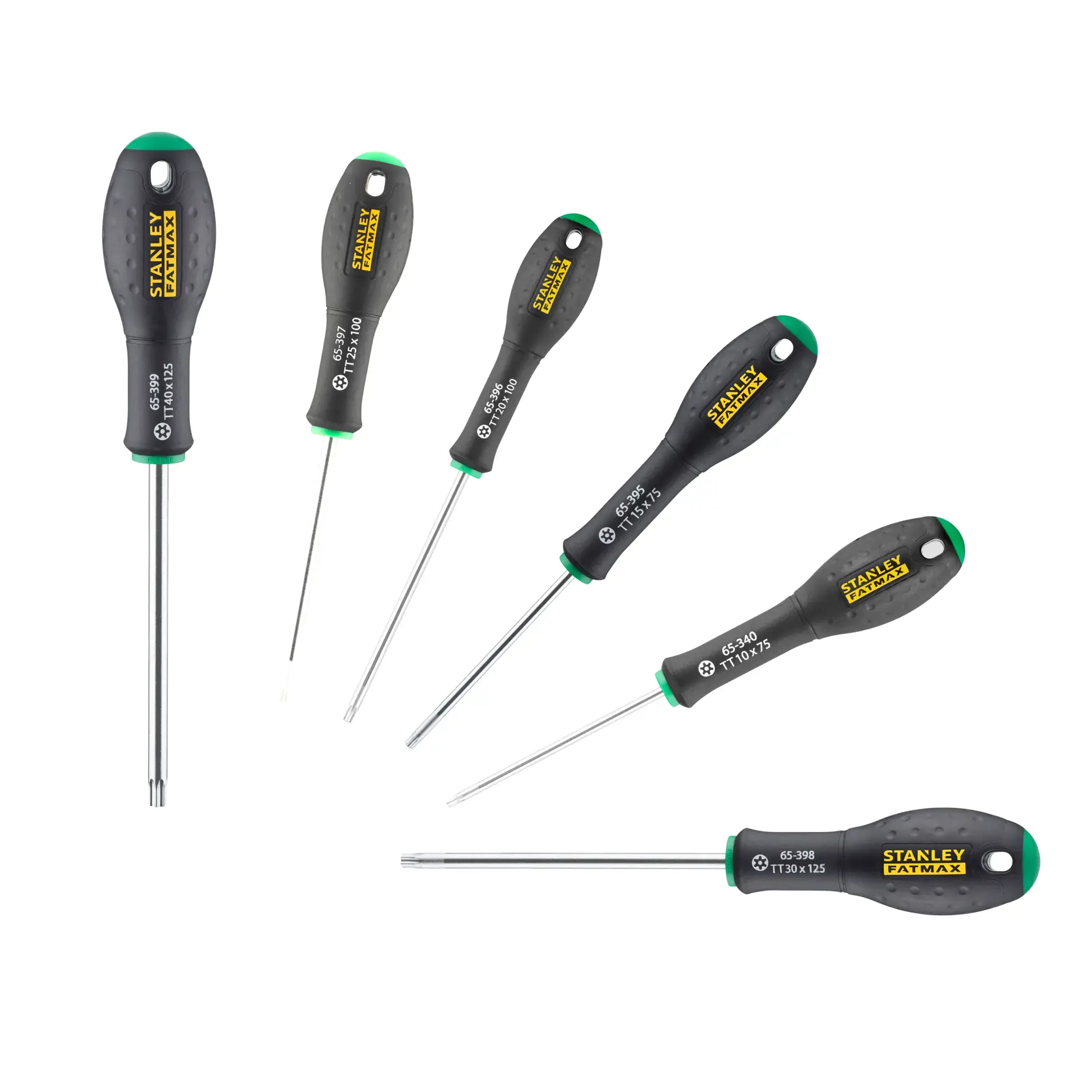 STANLEY 0-65-099 screwdriver set with black ergonomic handles and green accents, six pieces, top-down view.