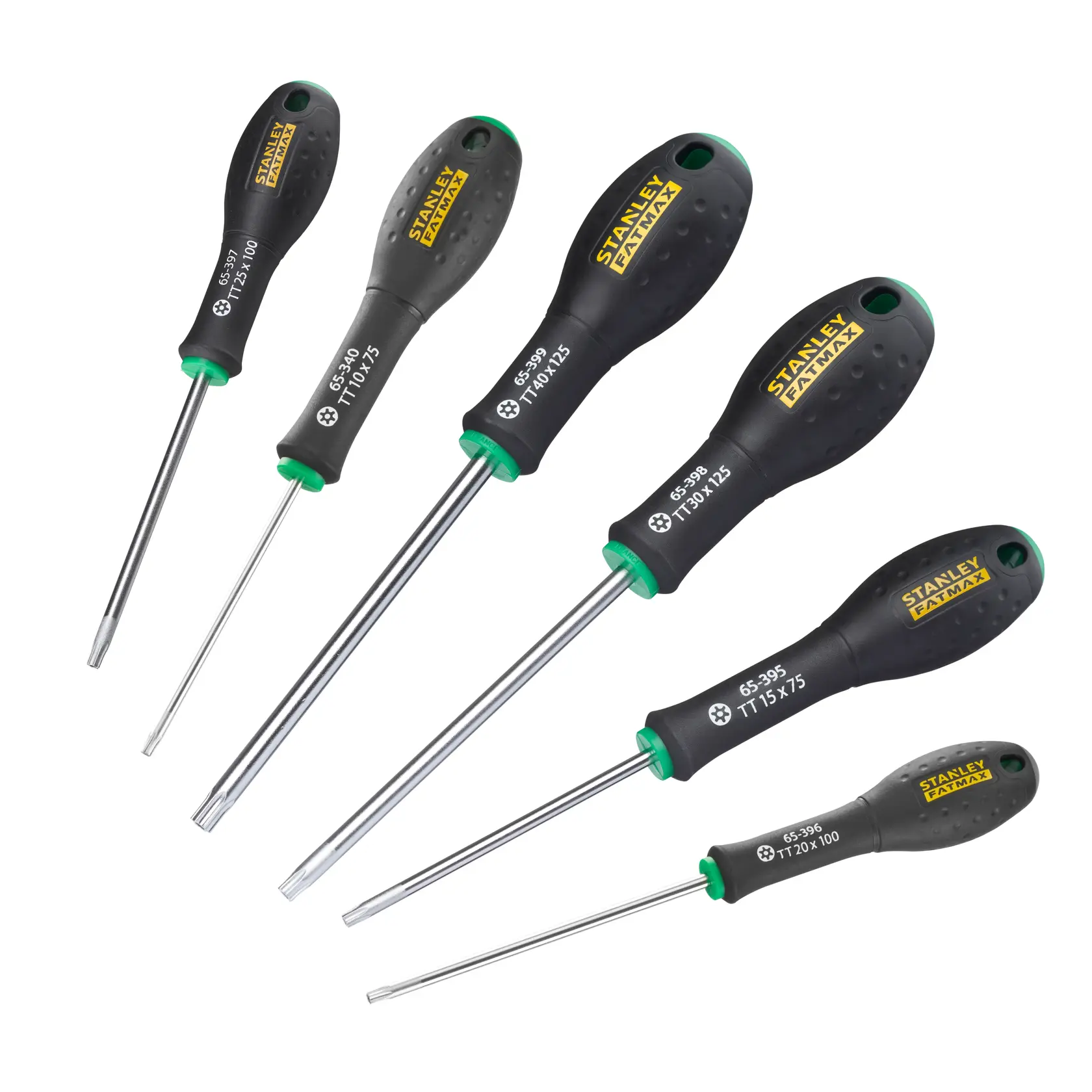 Set of six STANLEY torque screwdrivers with black and green handles, arranged side by side on white background.