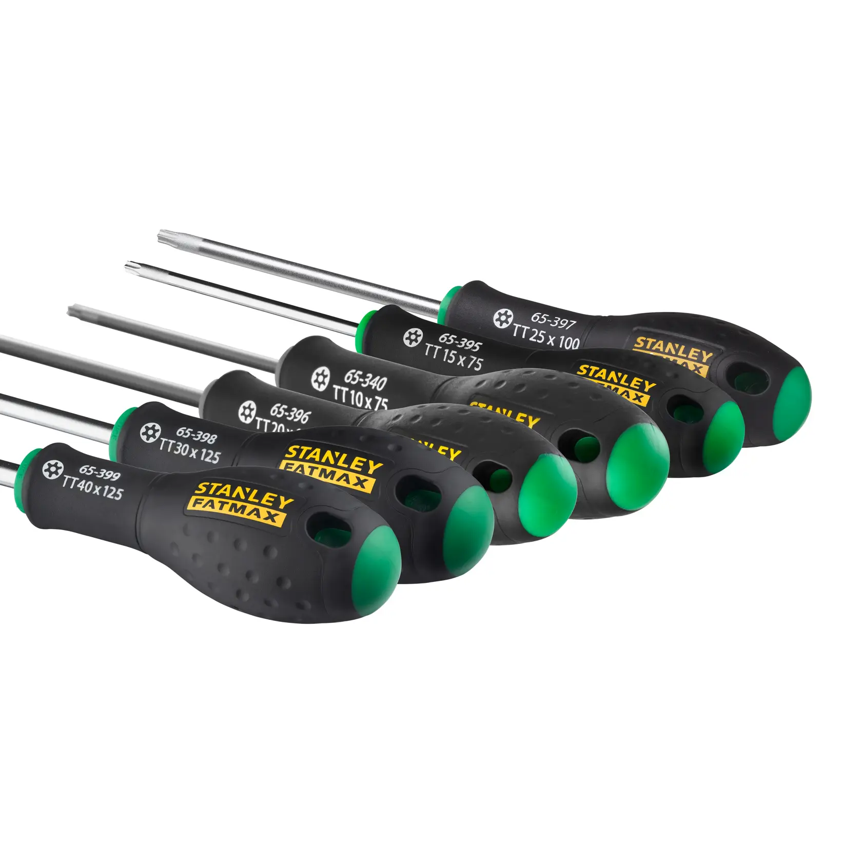 Set of Stanley FatMax screwdrivers with black and green handles, arranged in a row on a white background.