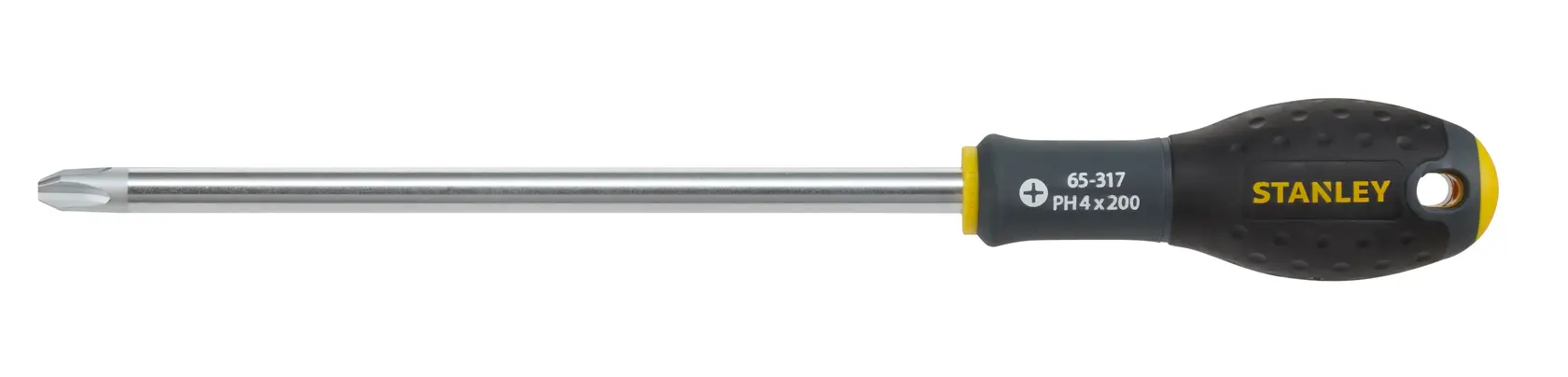Photo of STANLEY 0-65-317 Phillips screwdriver with black-yellow handle, side angle on white background.