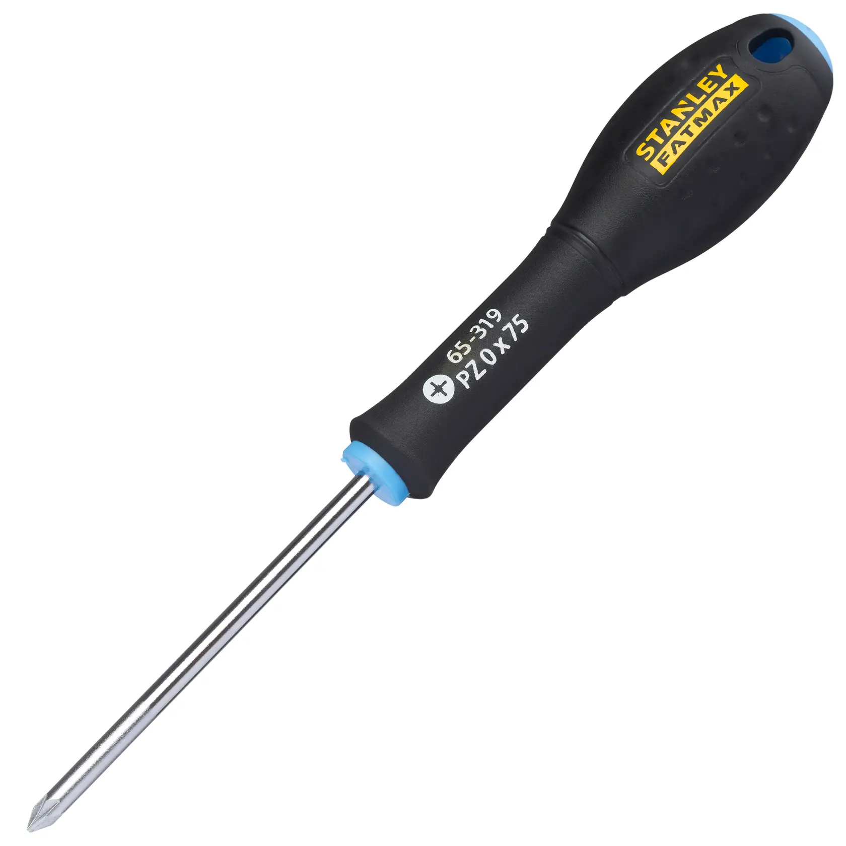 Stanley 0-65-319 black Pozidriv screwdriver with blue tip, side angle, ergonomic grip.
