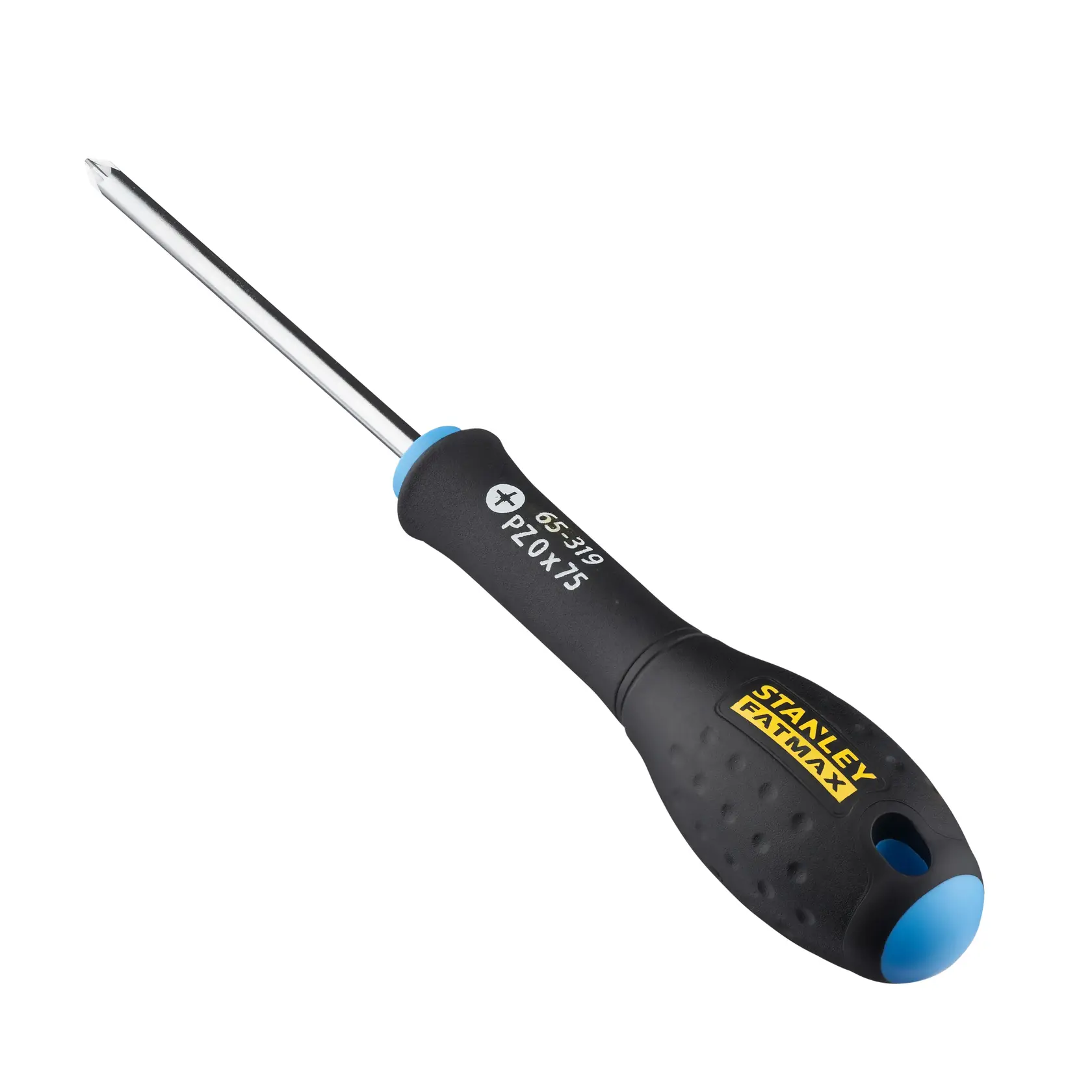 STANLEY 0-65-319 Phillips screwdriver with black and blue handle, side view on white background.