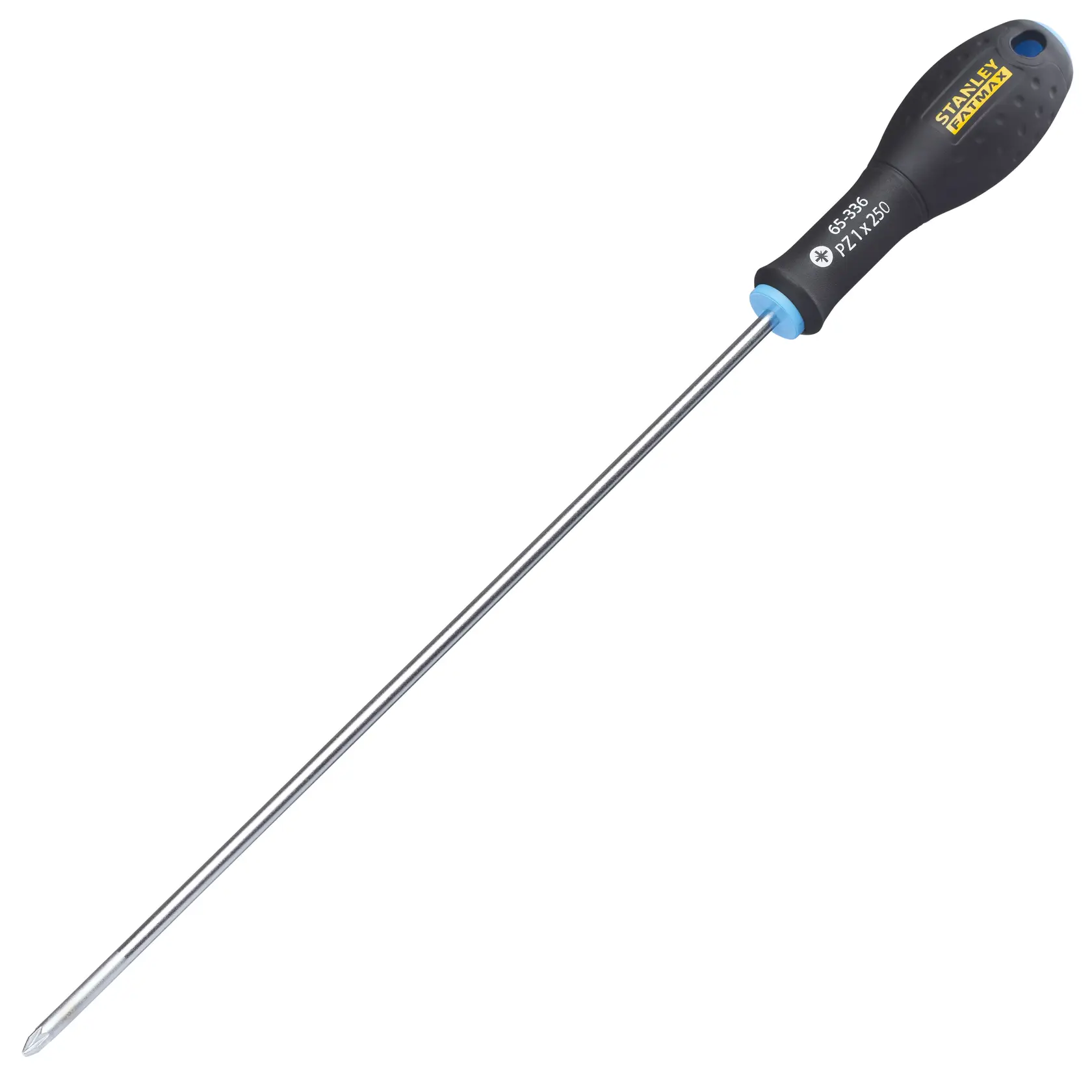 Stanley 0-65-336 Phillips screwdriver with long metal shaft, black and blue handle, side angle photo.
