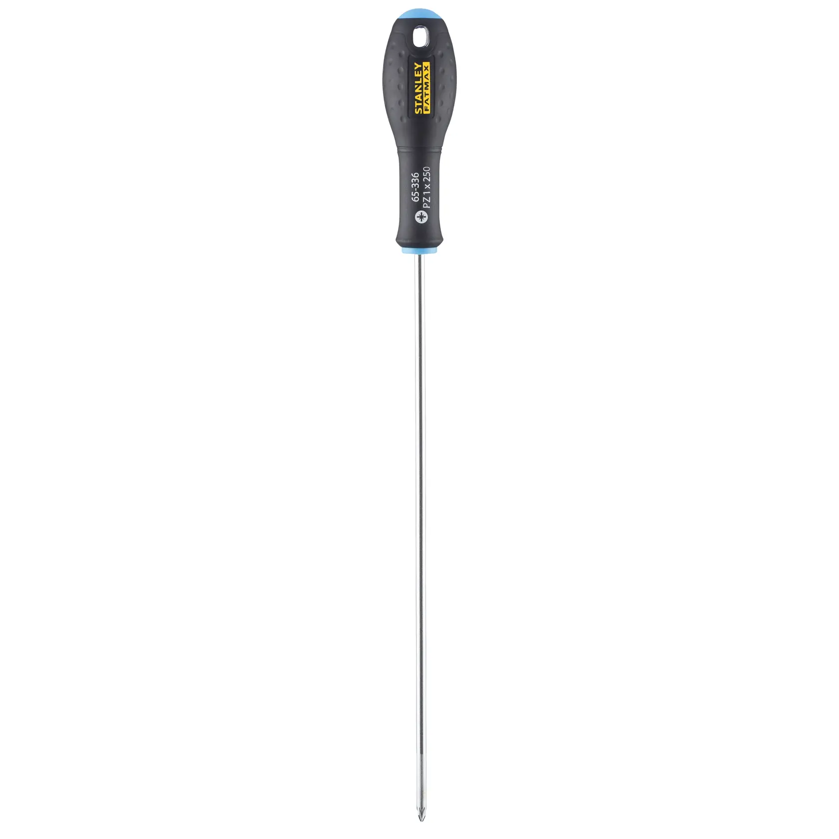 STANLEY 0-65-336 long Phillips screwdriver, black handle, straight front view on white background.