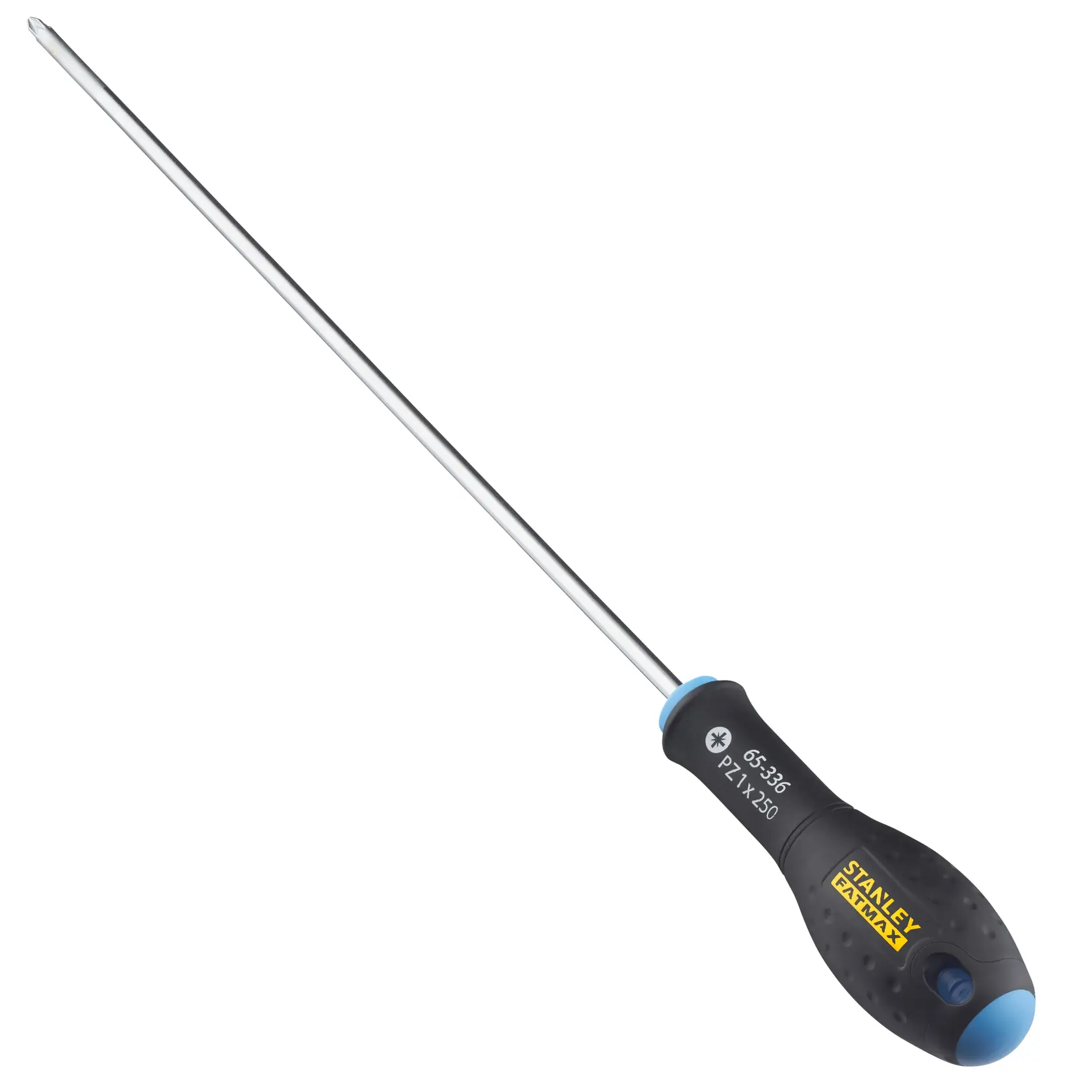 STANLEY 0-65-336 screwdriver, black handle with blue accents, photographed from side on white background.