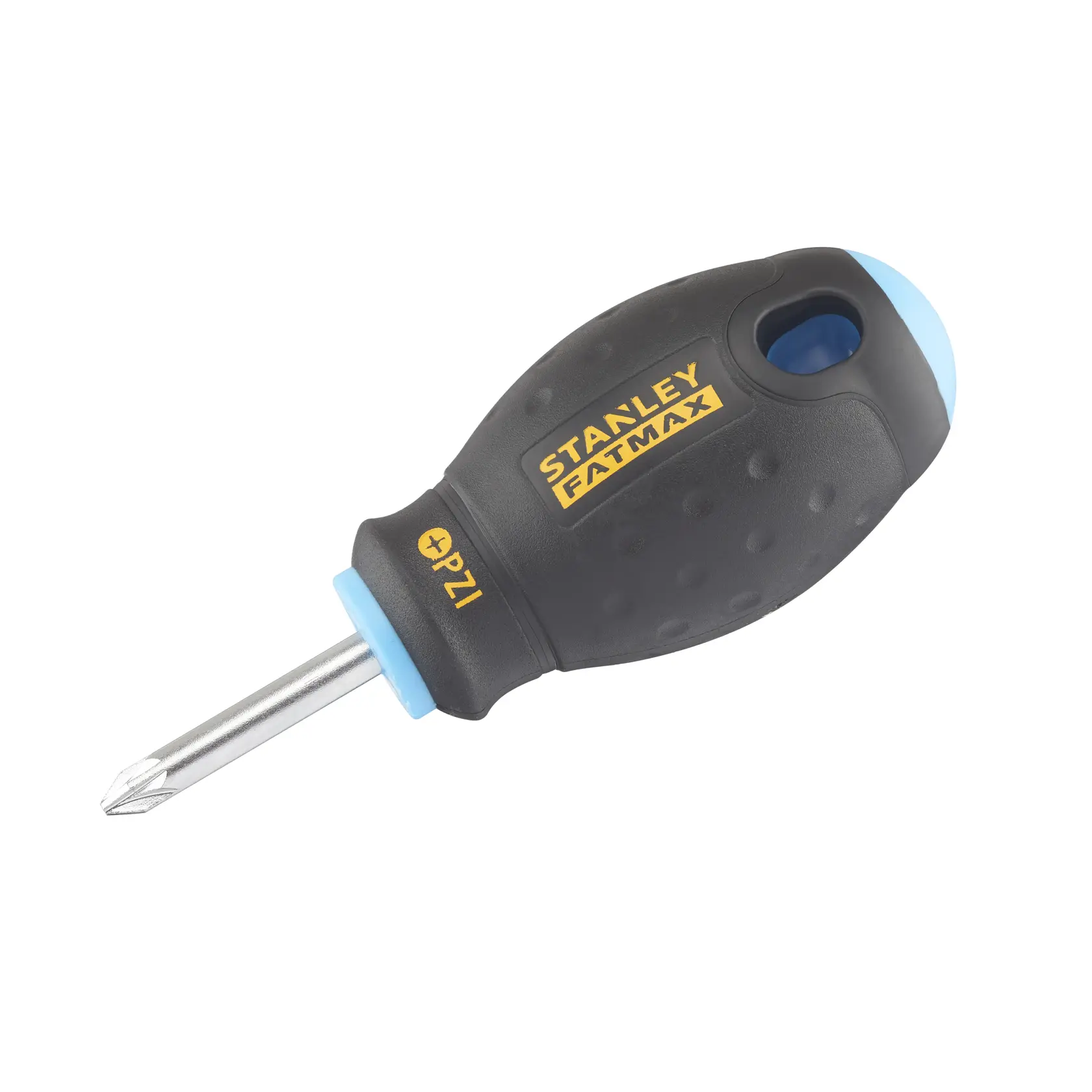 STANLEY 0-65-408 stubby Phillips screwdriver, FATMAX black and blue handle, product side view on white background.