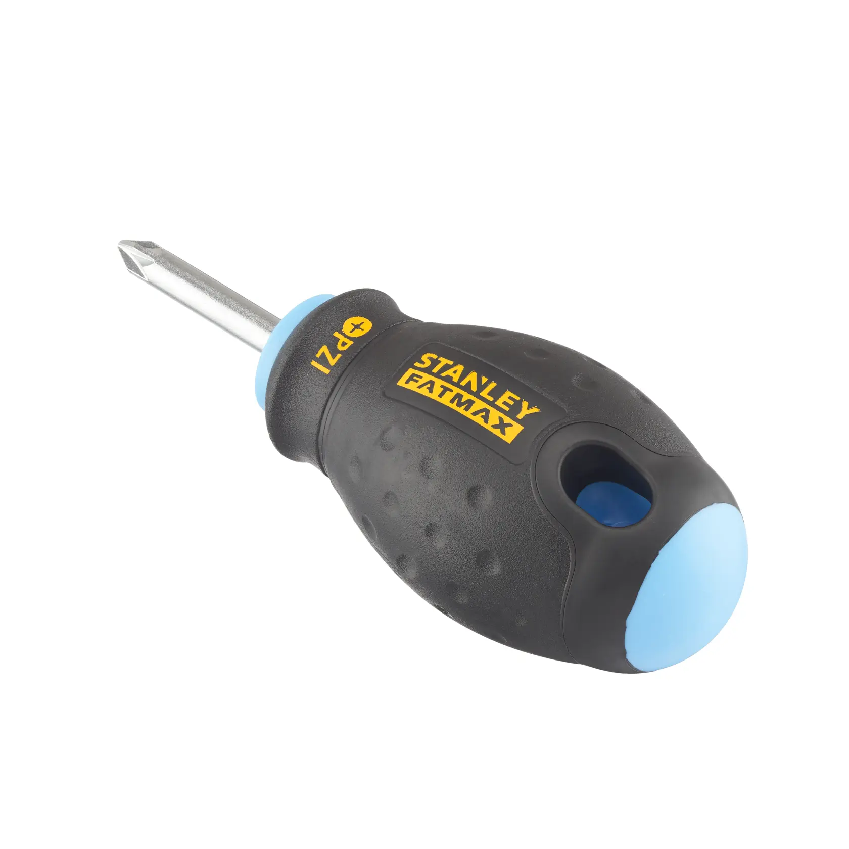 STANLEY 0-65-408 stubby Phillips screwdriver with black textured handle and blue accents, side angle on white background.