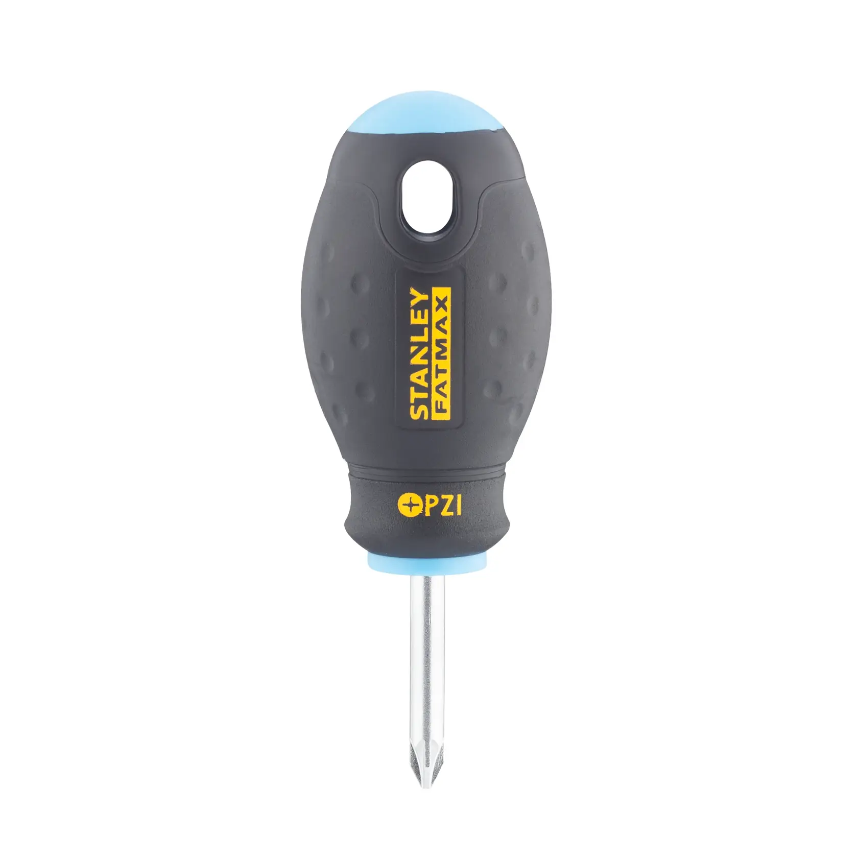 Photo of STANLEY 0-65-408 stubby PH2 screwdriver with black and blue handle, front angle.