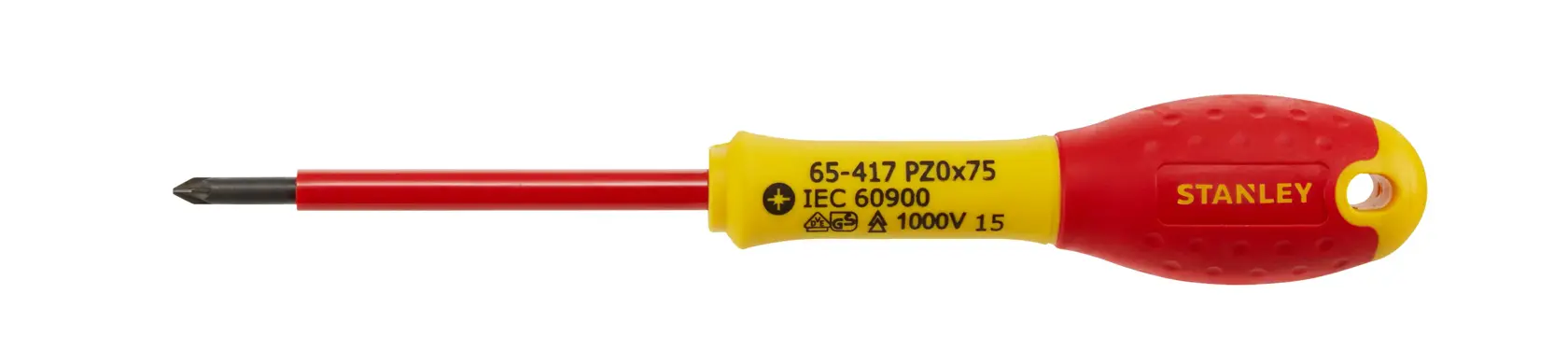 Stanley insulated Pozidriv screwdriver with red and yellow handle for electrical work, model 0-65-417.