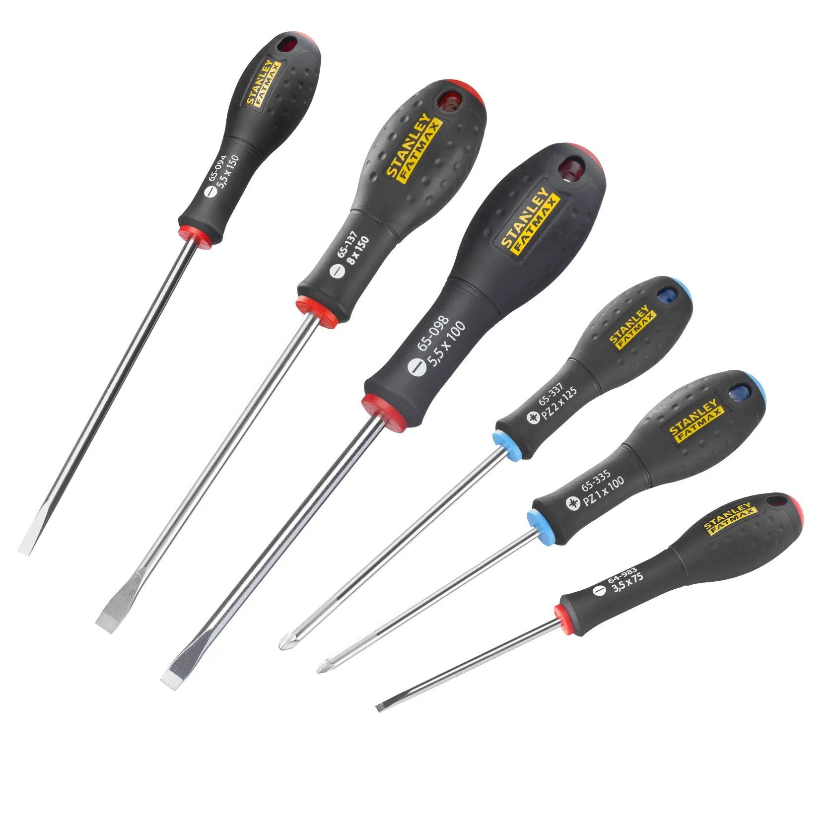 Set of six STANLEY screwdrivers with black handles and different tip types and sizes, arranged side by side.