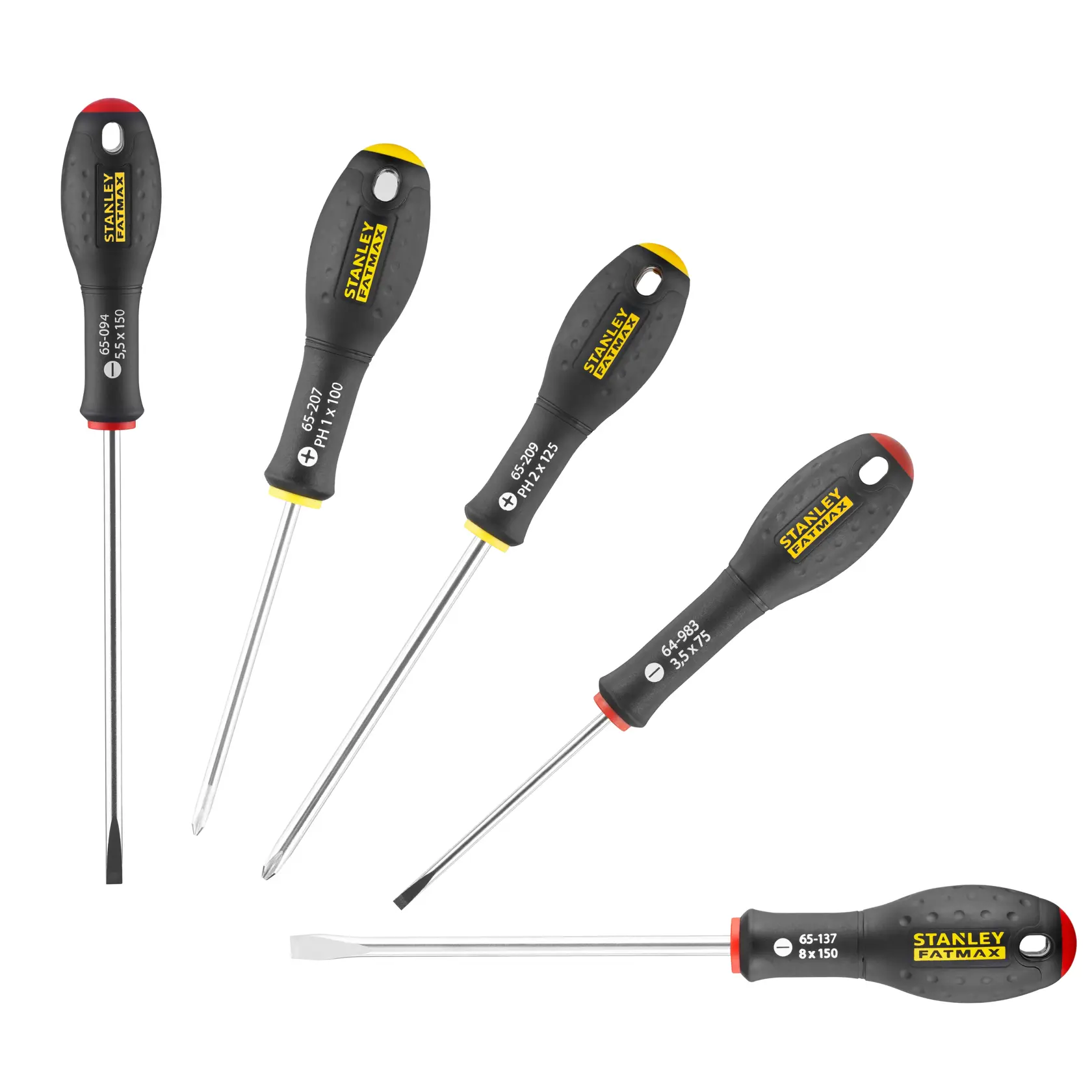 STANLEY 0-65-436 screwdriver set, five pieces, black and yellow ergonomic handles, flathead and Phillips, product photography, top view.