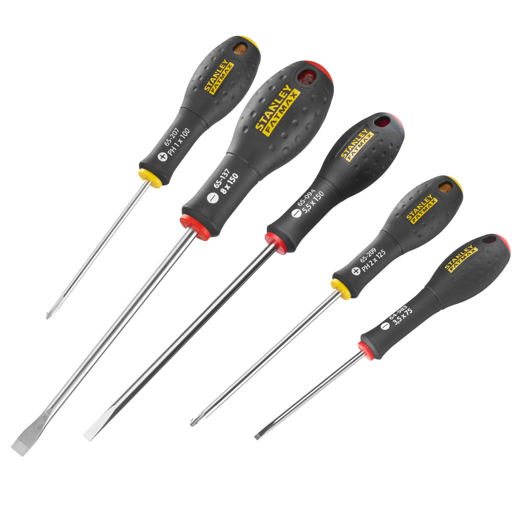 Stanley Fatmax set of five screwdrivers with black handles, flat and Phillips tips, arranged diagonally.
