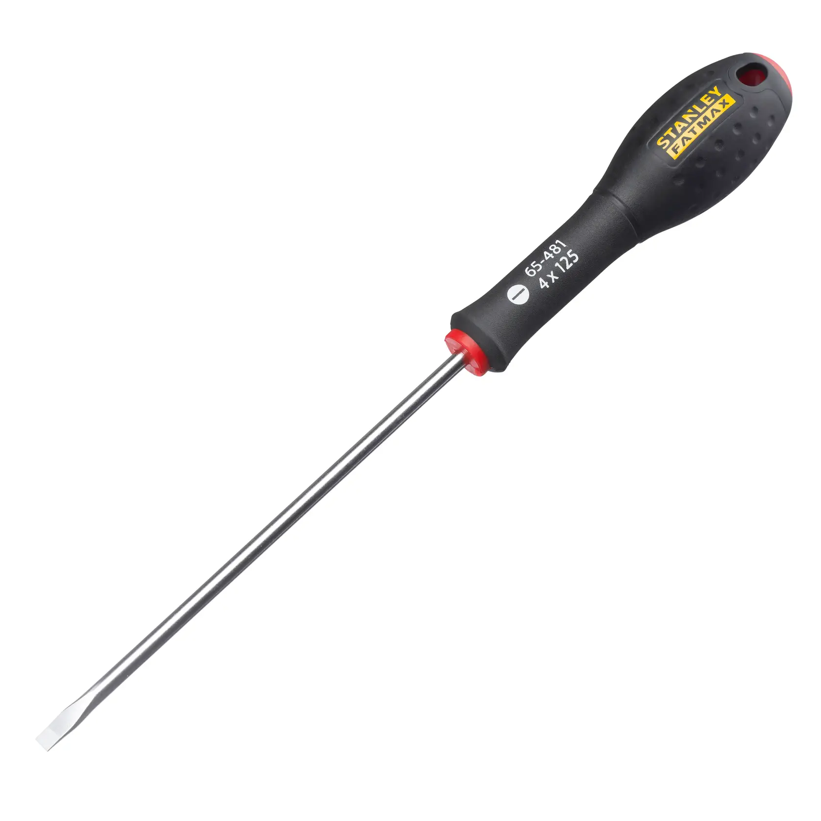 STANLEY 0-65-481 flathead screwdriver, black and yellow handle, side angle, photographed on white background.