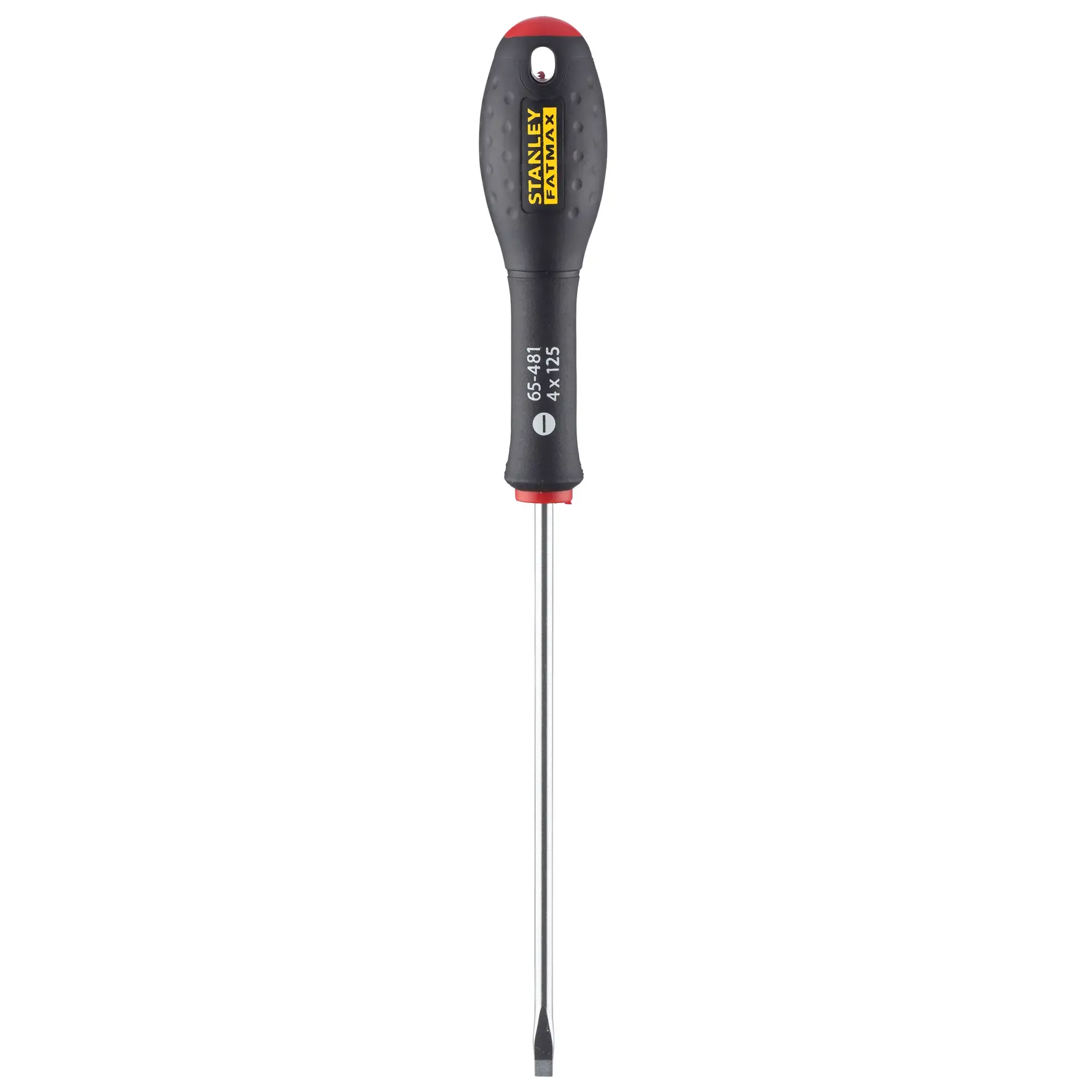 Photo of STANLEY 0-65-481 flathead screwdriver with black and yellow handle, front view on white background.
