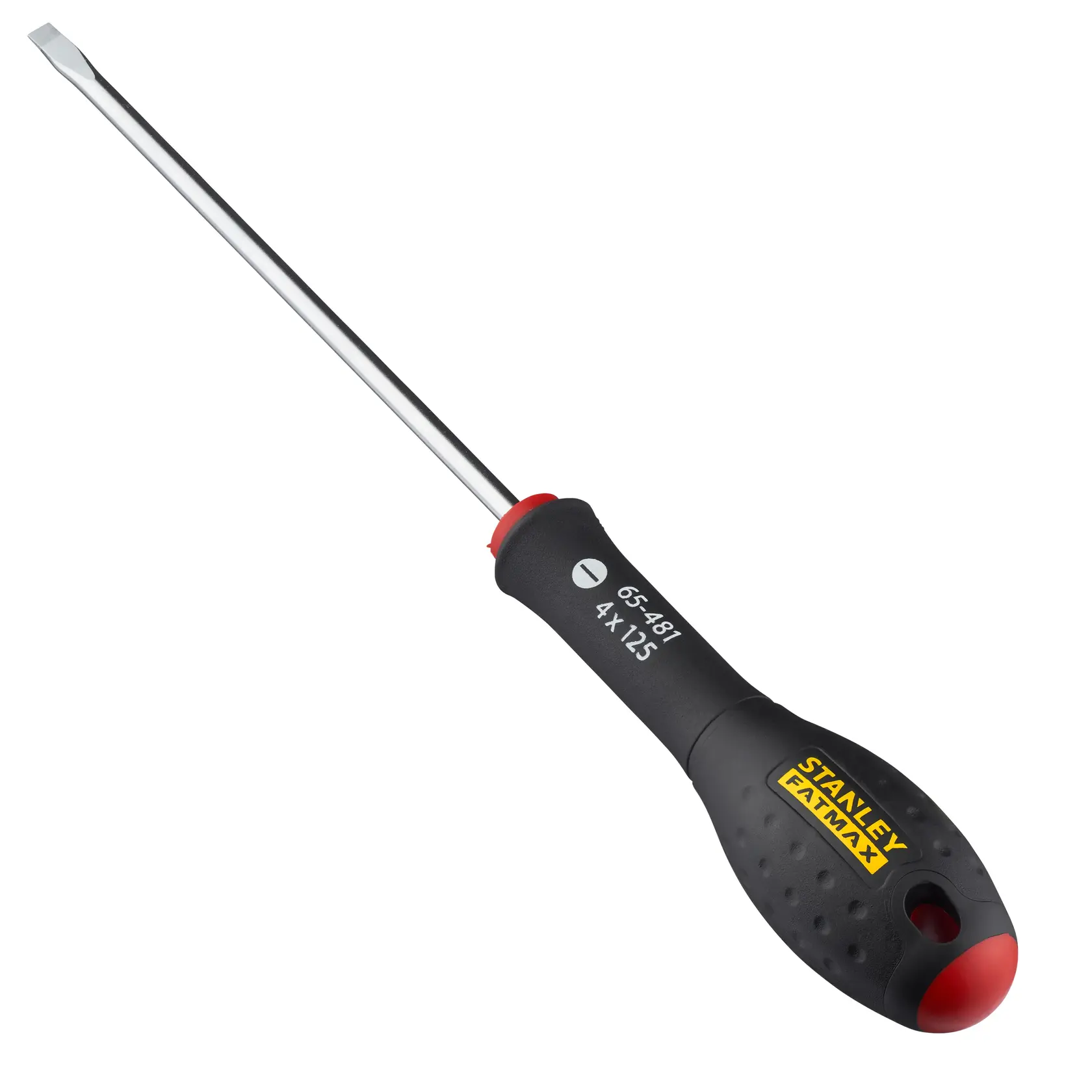 Stanley 0-65-481 flathead screwdriver, black and red handle, side angle on white background.