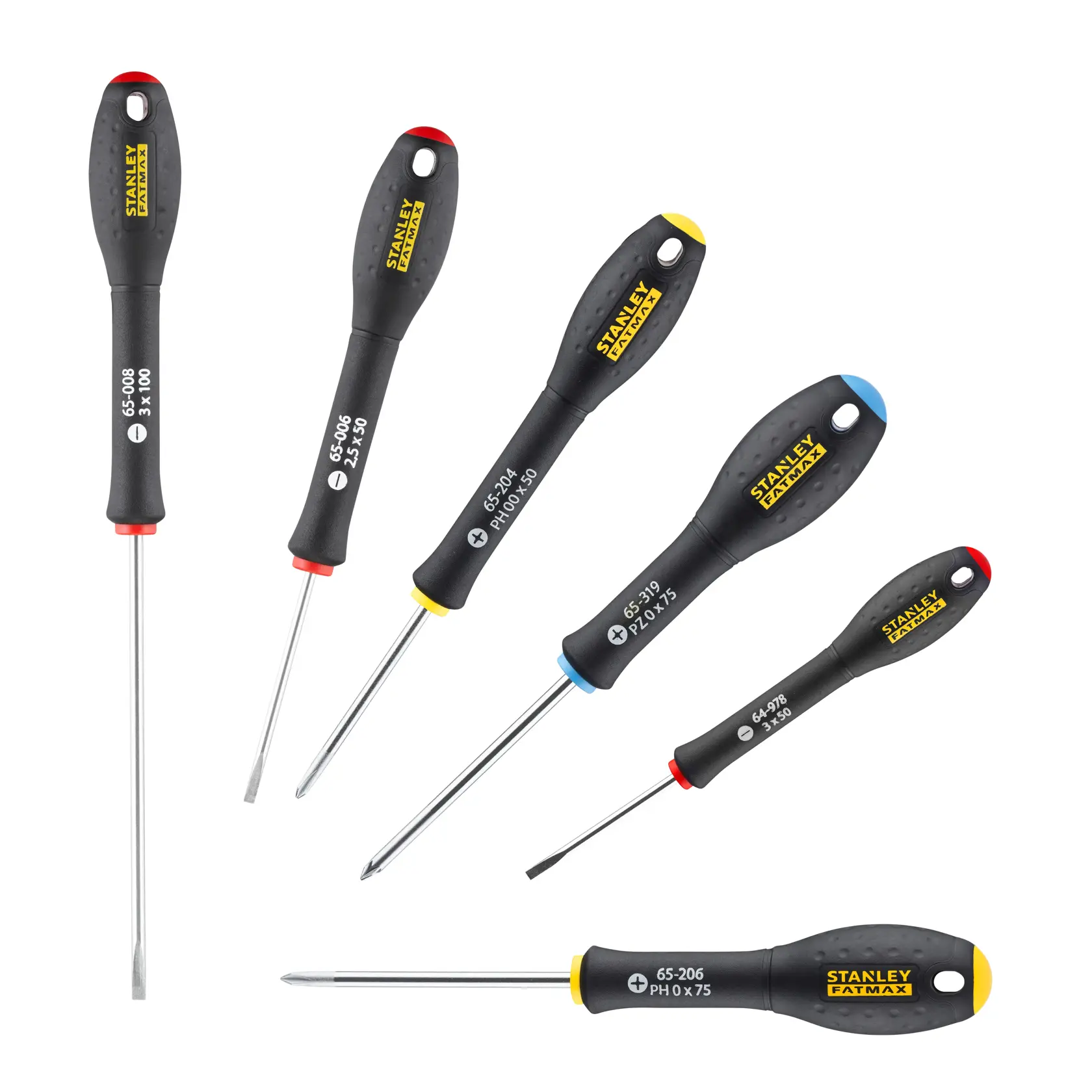 Photo of STANLEY 0-65-492 screwdriver set, six pieces with black and yellow handles, assorted tips, white background.