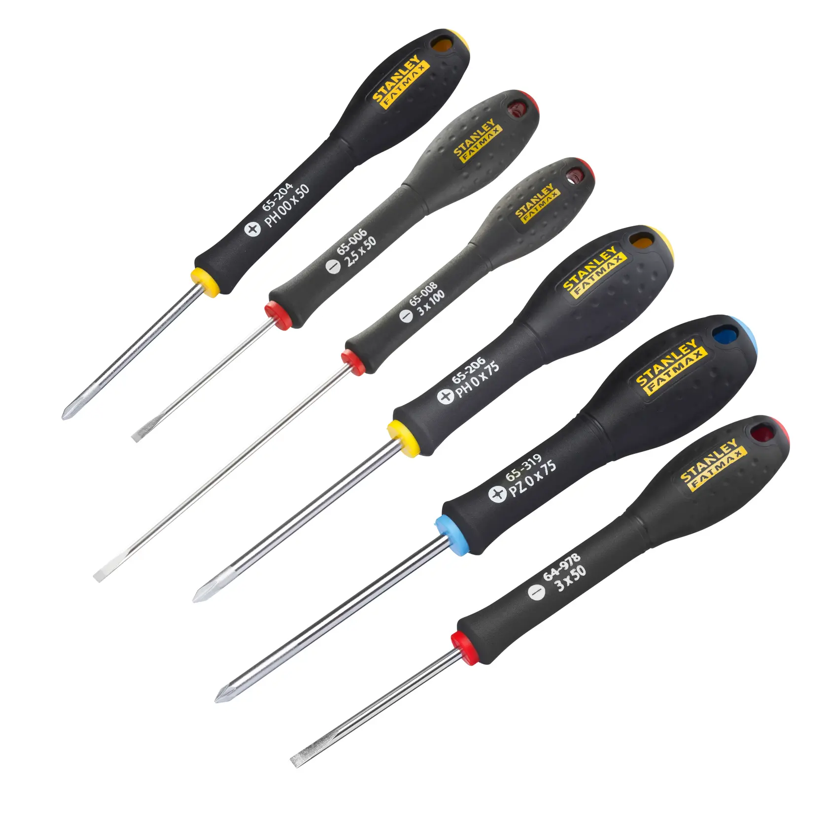 STANLEY 0-65-492 screwdriver set with black ergonomic handles and assorted tips, angled on white background.