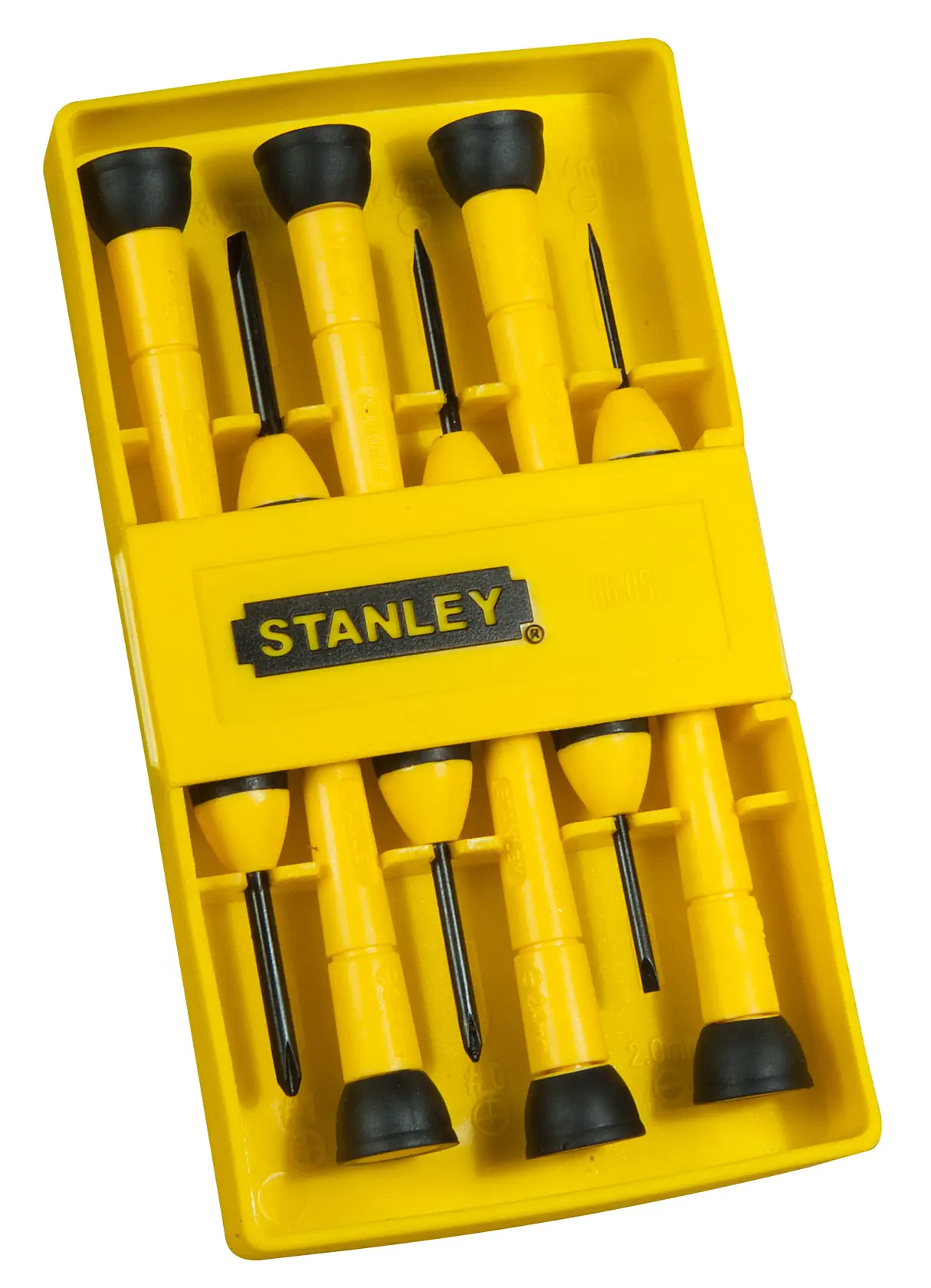 Photo of STANLEY 0-66-052 precision screwdriver set in yellow plastic case, six screwdrivers arranged neatly, top view.