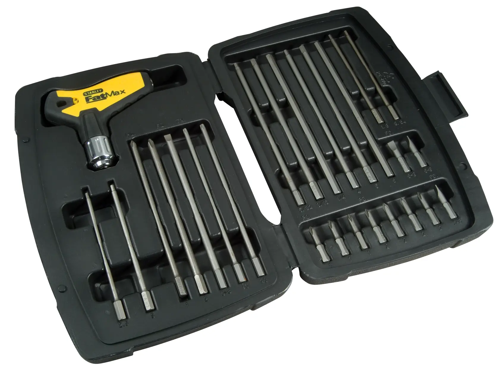 STANLEY 0-79-153 screwdriver and bit set in black plastic case, top-down view.