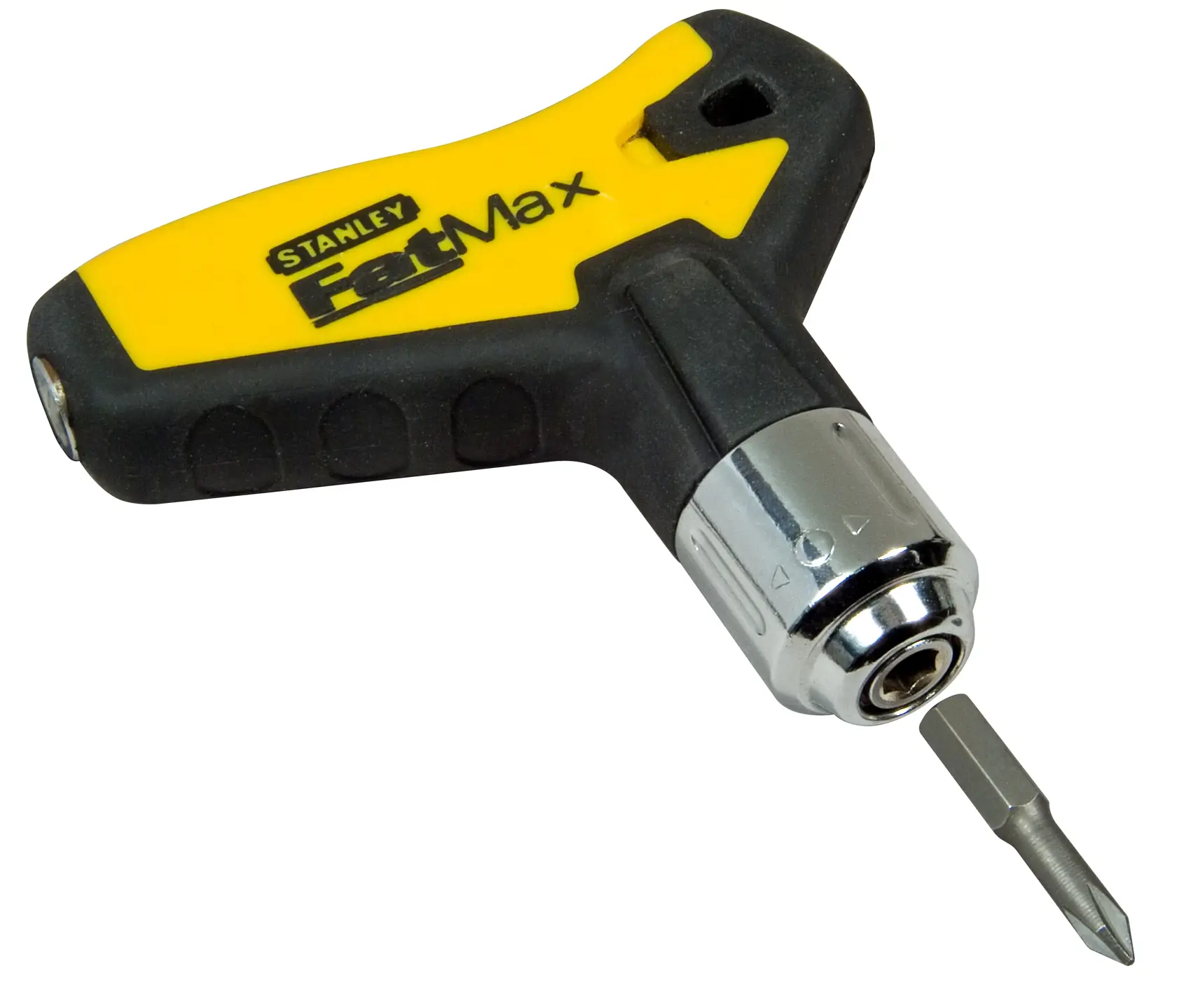 STANLEY 0-79-153 ratcheting T-handle screwdriver with yellow and black grip, shown at an angled view.