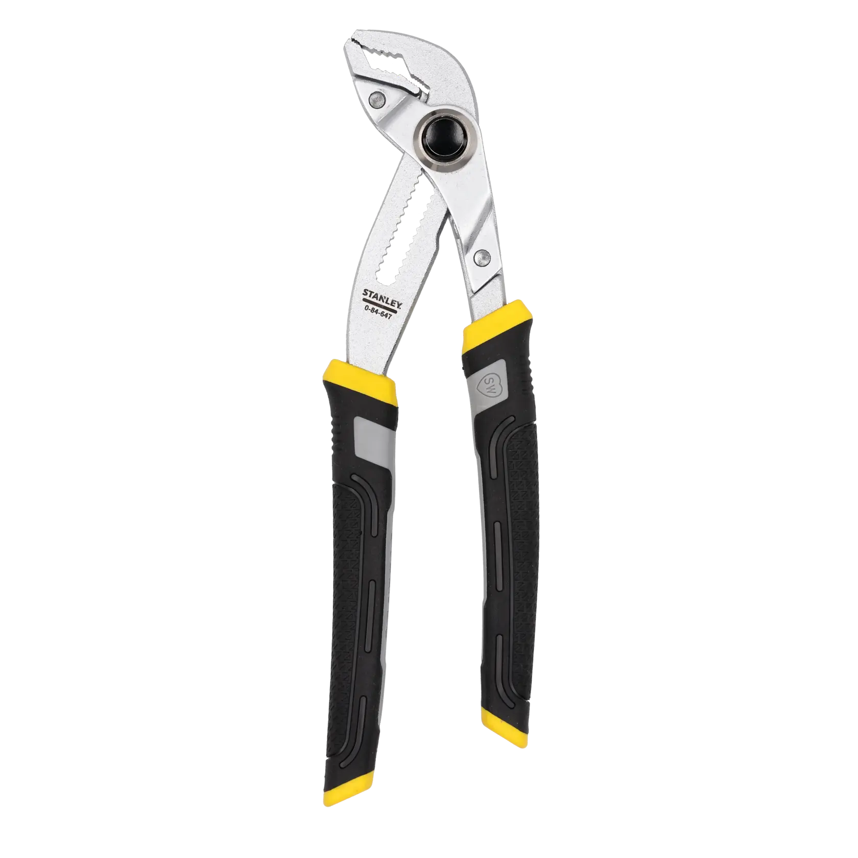 Photo of STANLEY 0-84-647 pliers with black and yellow handles, angled on white background.