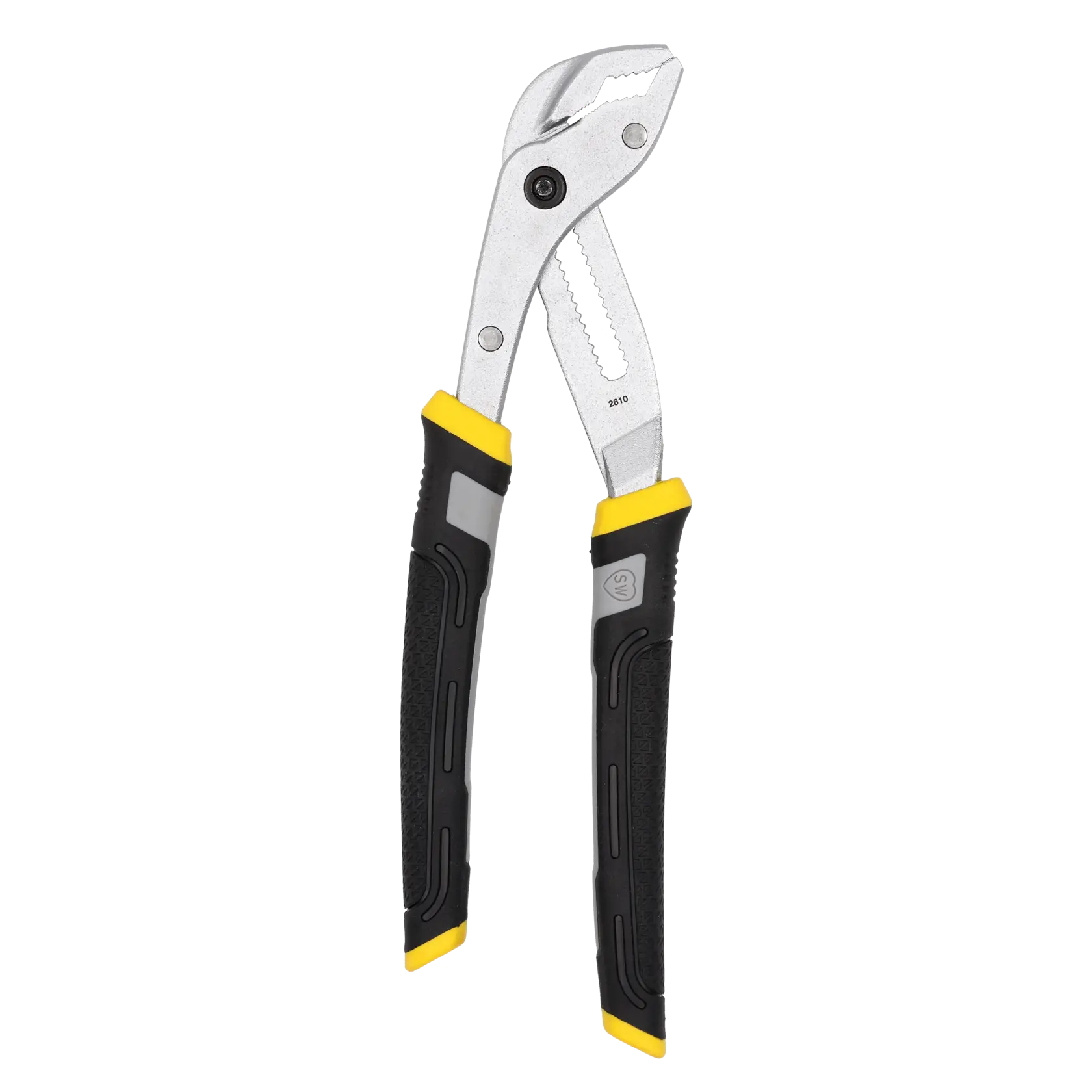 STANLEY 0-84-647 water pump pliers with black and yellow handles, front angle on white background.