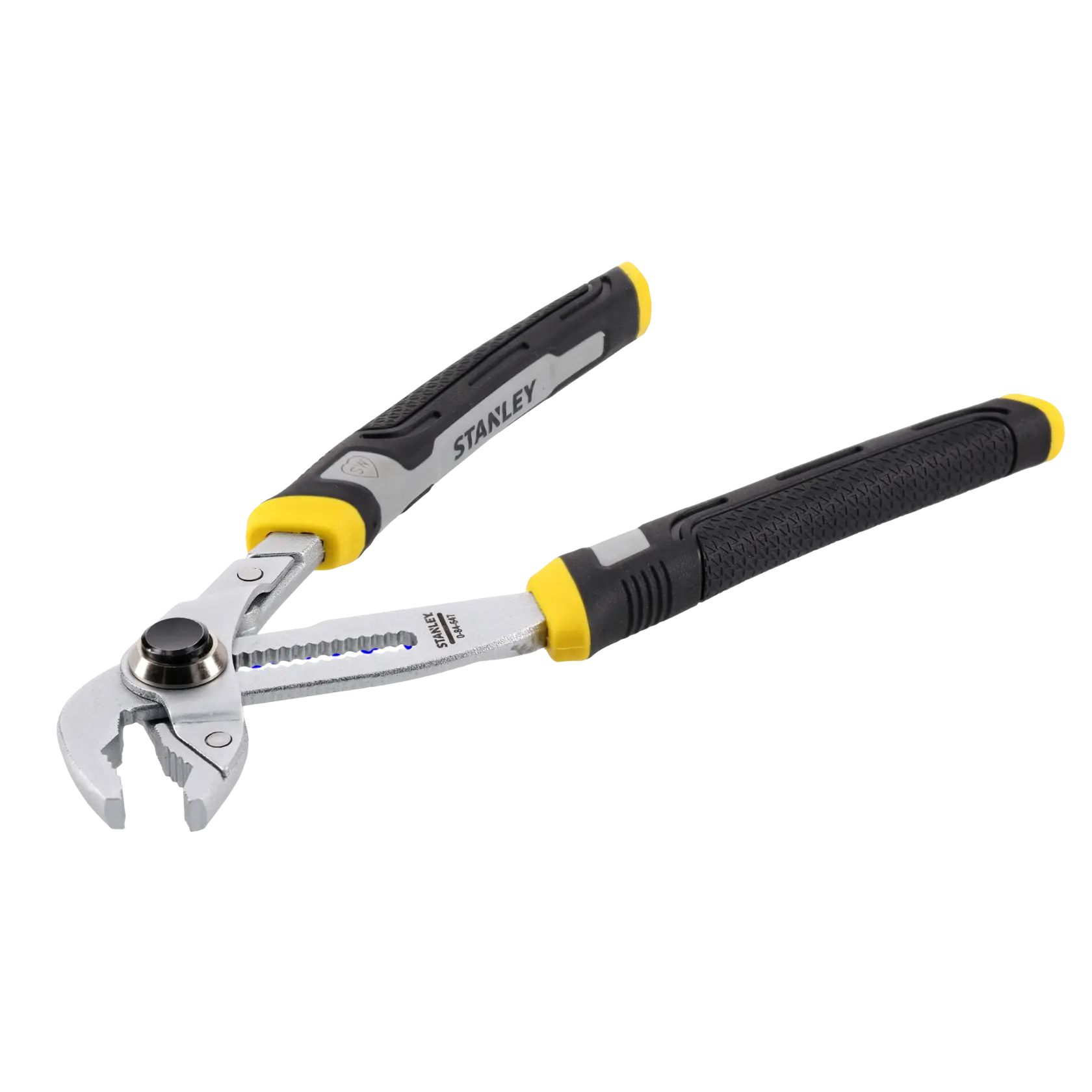 STANLEY 0-84-647 adjustable water pump pliers with black and yellow grip, FatMax branding, front angle.