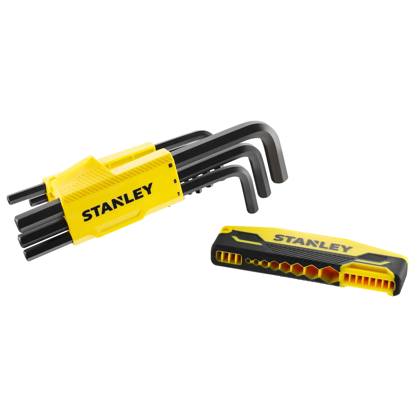 STANLEY 0-89-904 hex key set with yellow holder, black L-shaped wrenches, white background, product photography.