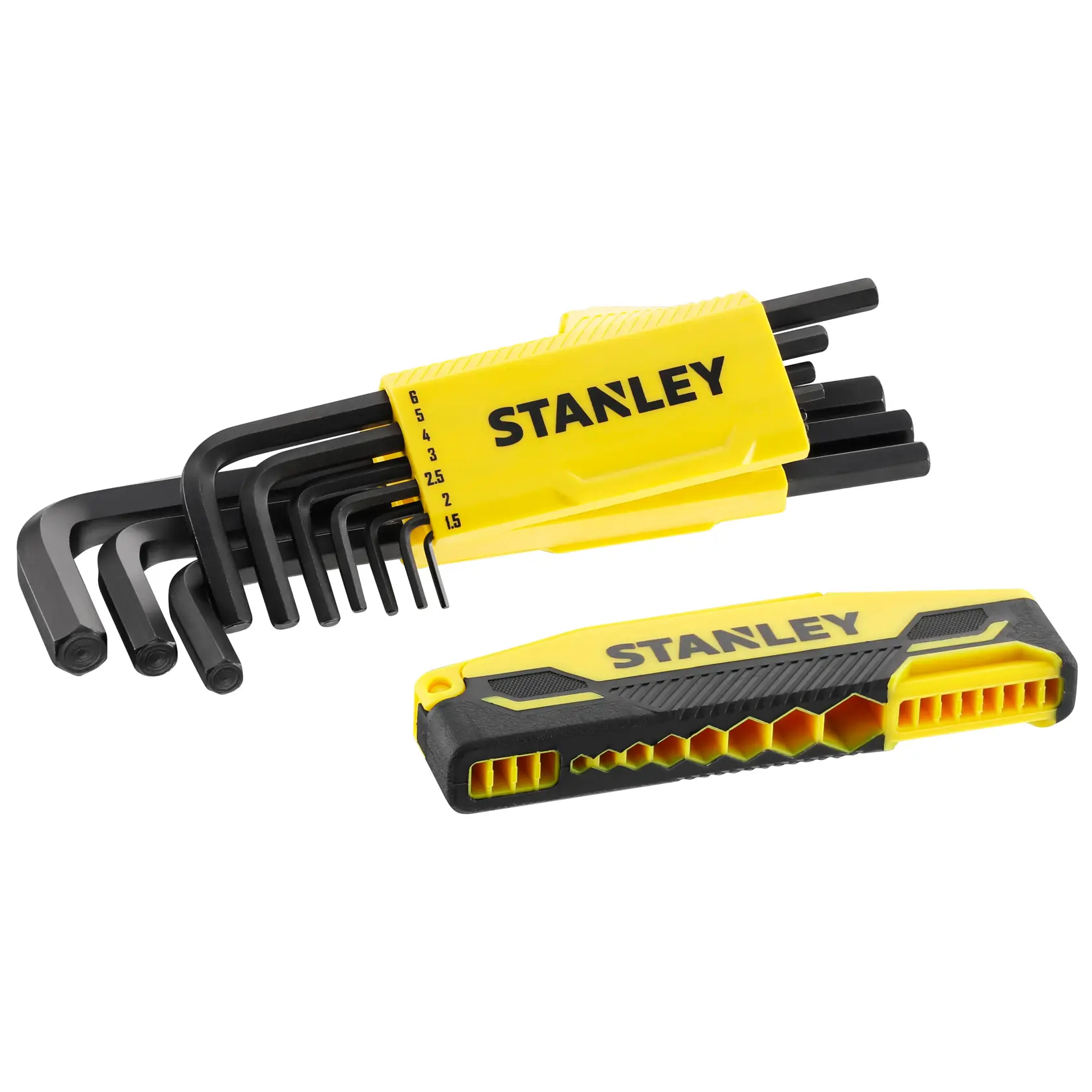 STANLEY 0-89-904 hex key set with yellow and black holder, shown from front on white background.