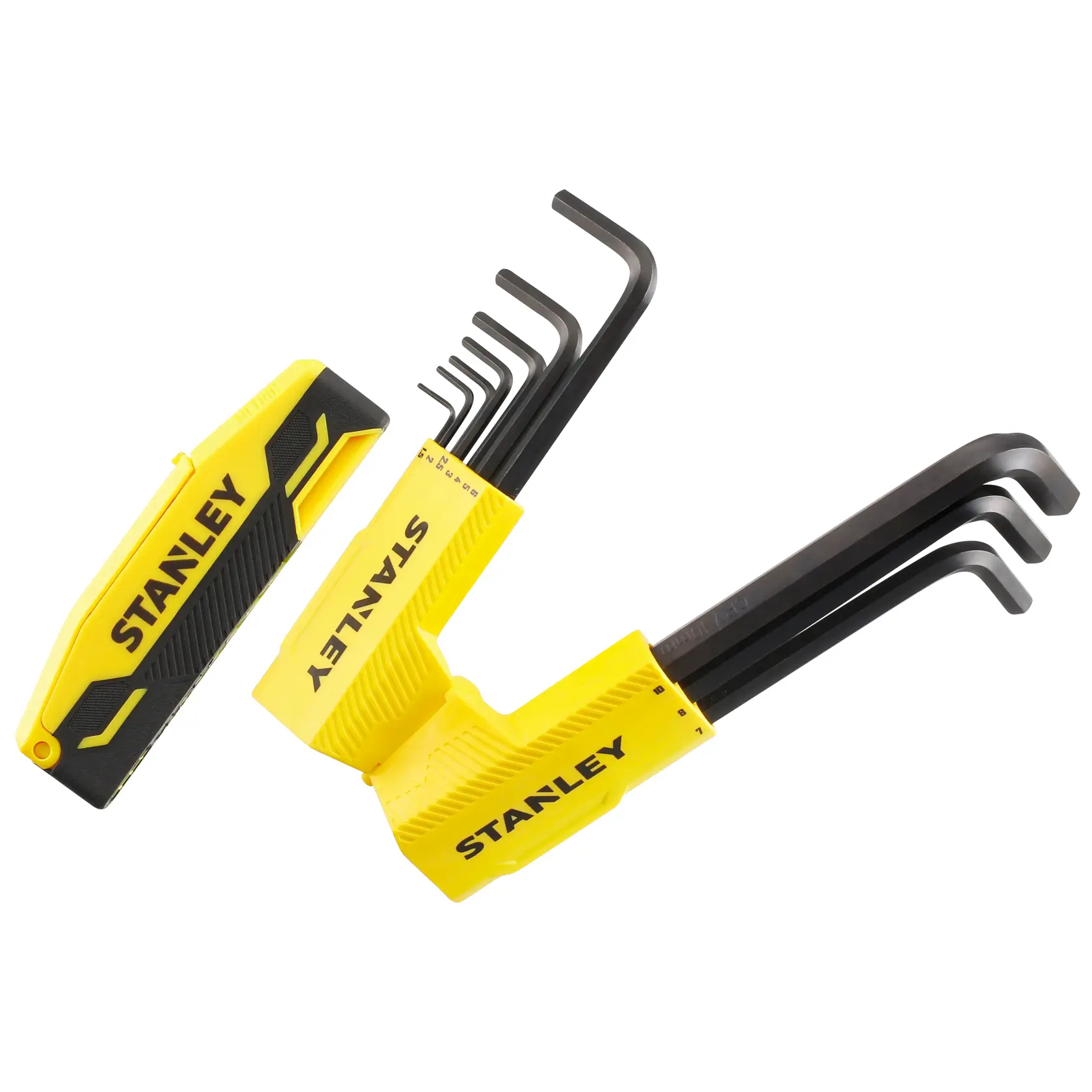 Photo of STANLEY 0-89-904 hex key set with yellow and black cases, metric L-shaped wrenches fanned out, white background.