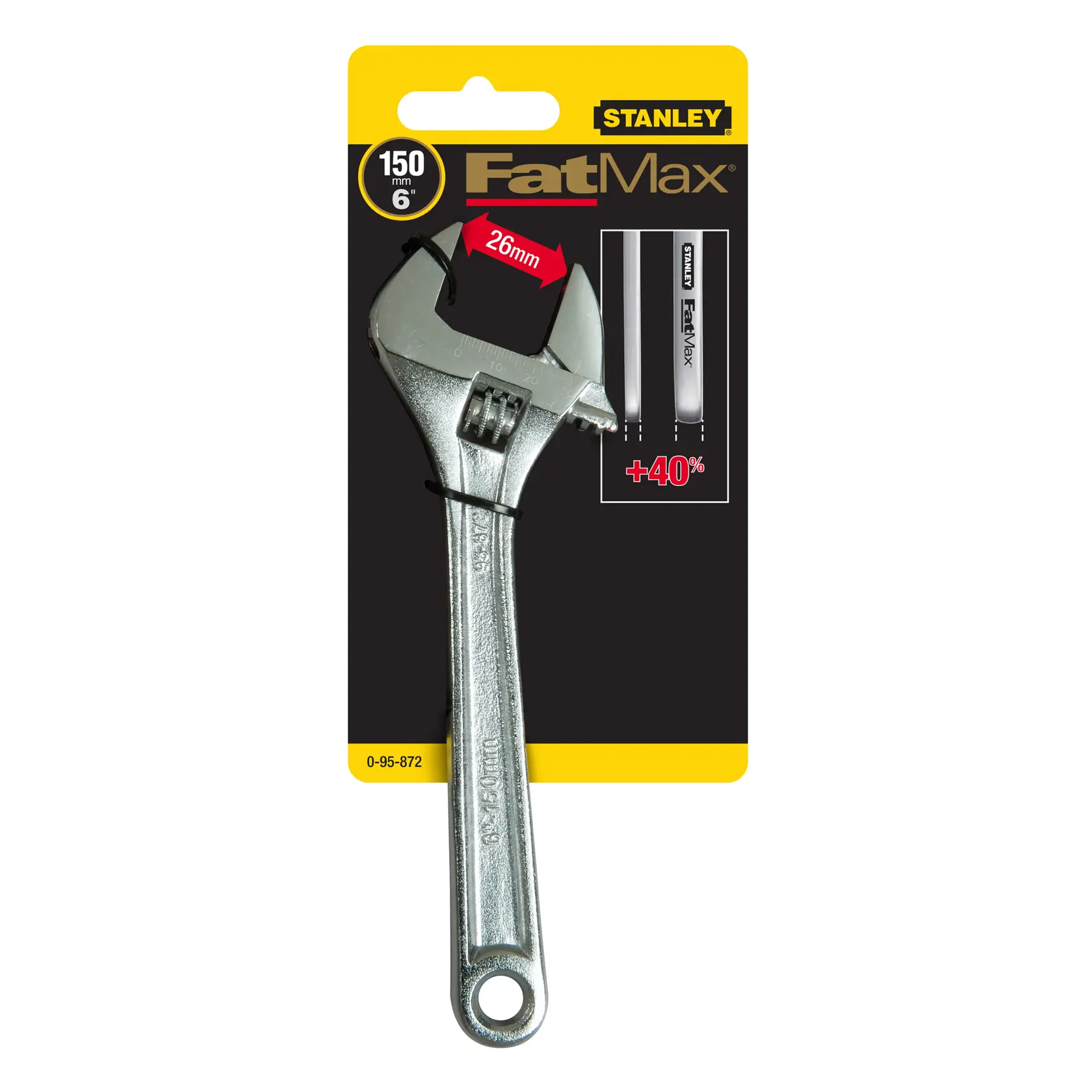 STANLEY 0-95-872 FatMax adjustable wrench in packaging, 150mm length, silver, front angle.