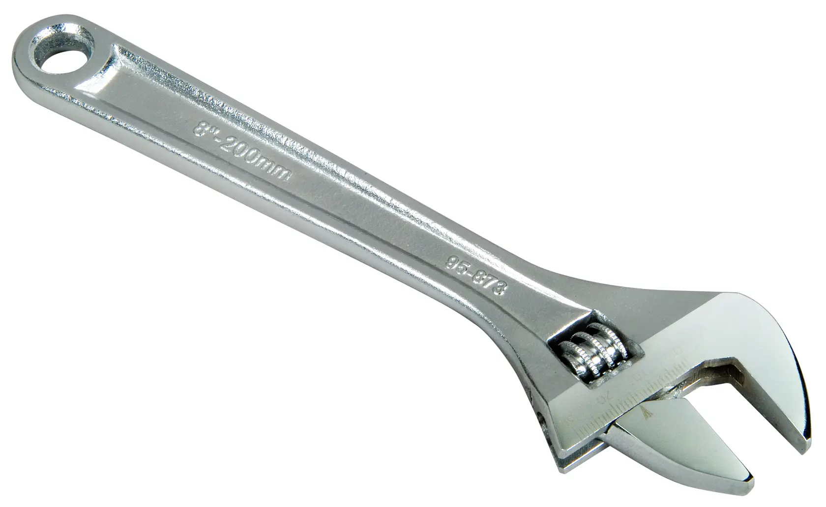 STANLEY 0-95-873 adjustable wrench, silver steel, 8-inch, side angle, photography on white background.