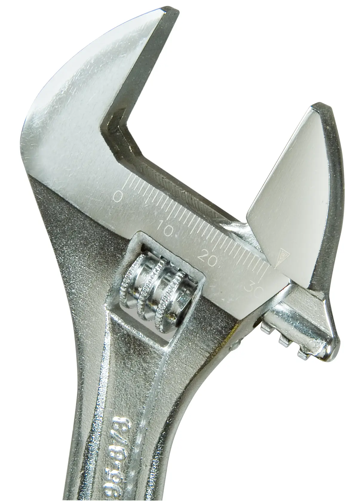 Close-up of a silver adjustable wrench with a measurement scale on its jaw.