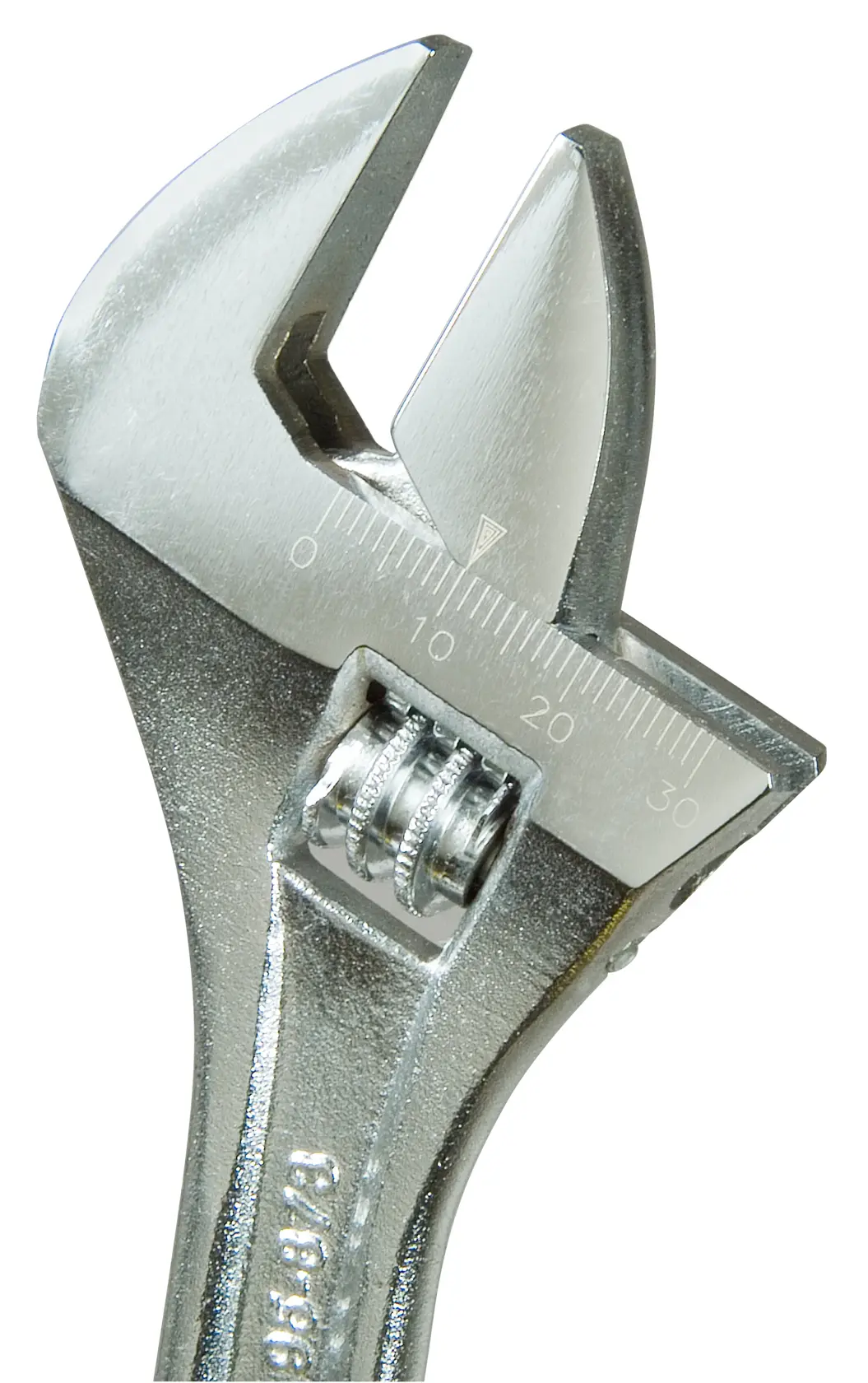 Close-up of a metal adjustable wrench with measurement markings on the jaw.