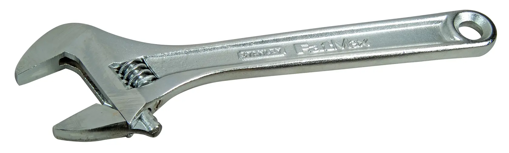 STANLEY 0-95-874 adjustable wrench, silver metal tool, side angle on white background.