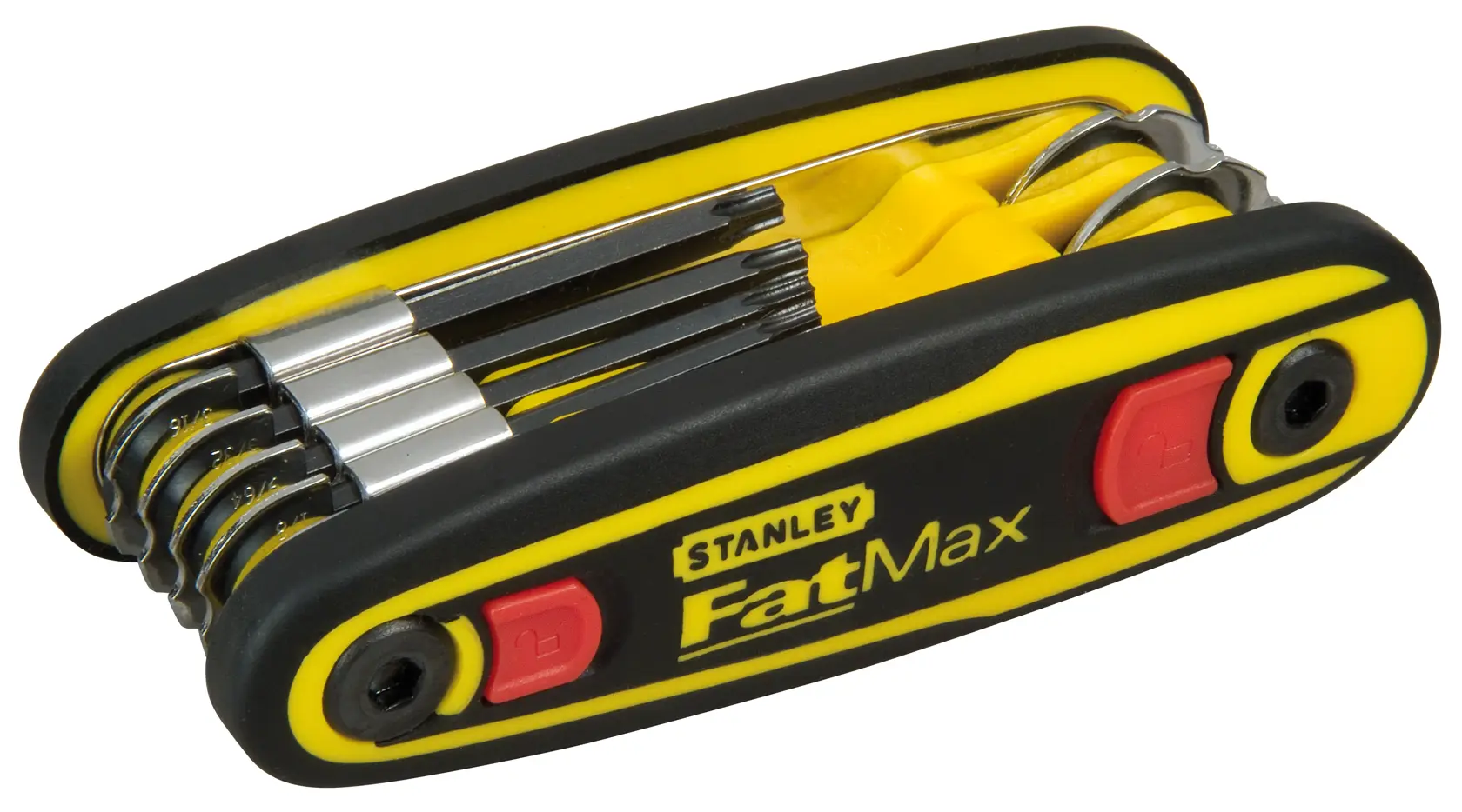 STANLEY 0-97-553 multi hex key set, black and yellow, side angle on white background.