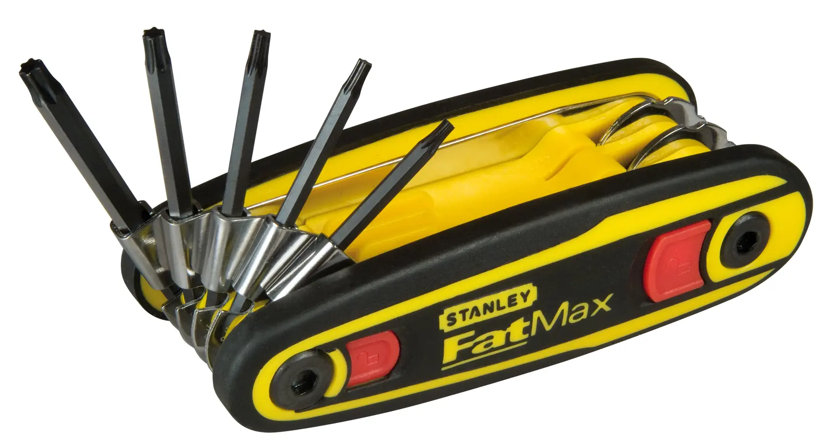 STANLEY 0-97-553 multi-bit folding screwdriver with black and yellow handle, several bits extended, side view.