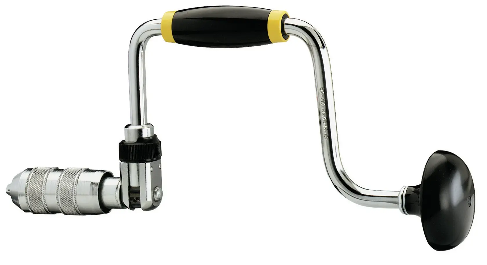 Hand-operated metal brace drill with ergonomic handle for woodworking or DIY tasks, shown against a white background.