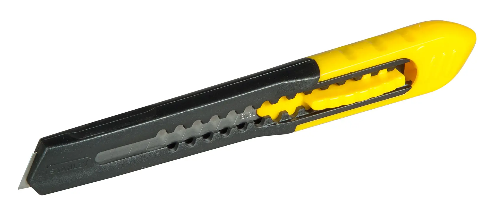 Stanley utility knife with a retractable blade, black and yellow handle, shown on white background.