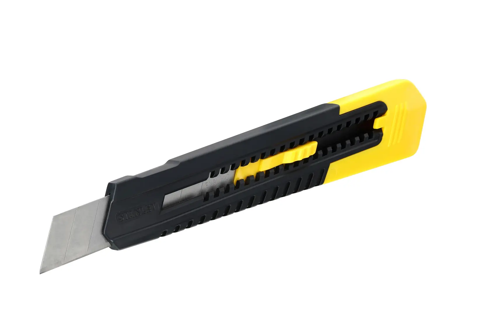 Stanley utility knife with a retractable blade, black and yellow handle, shown on a white background.