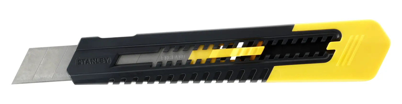 STANLEY 1-10-151 utility knife with black and yellow plastic body, side view on white background.