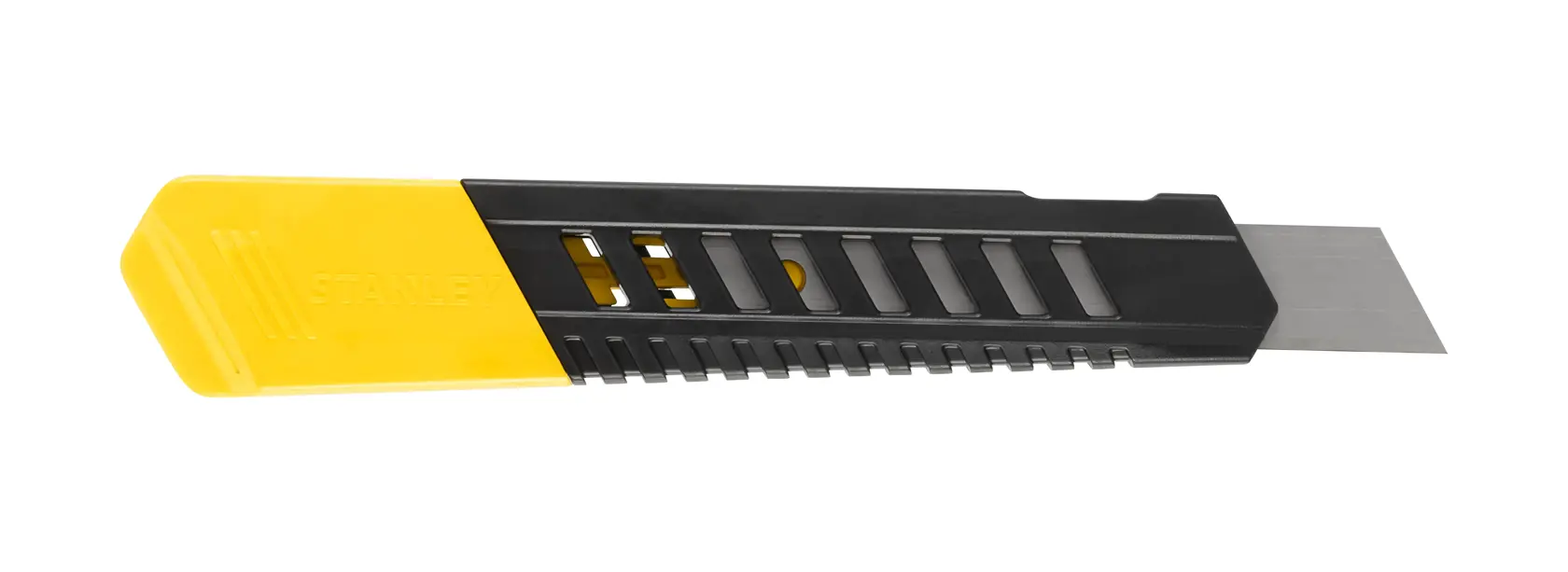 Photo of STANLEY 1-10-151 utility knife with yellow and black handle, side view on white background.