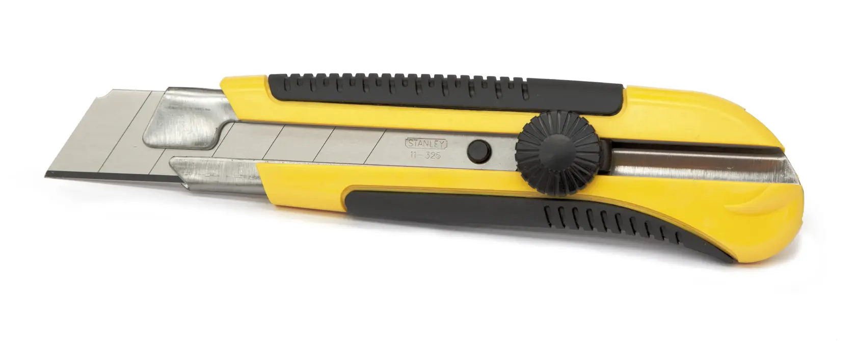Photo of STANLEY 1-10-425 yellow and black retractable utility knife, side angle view.