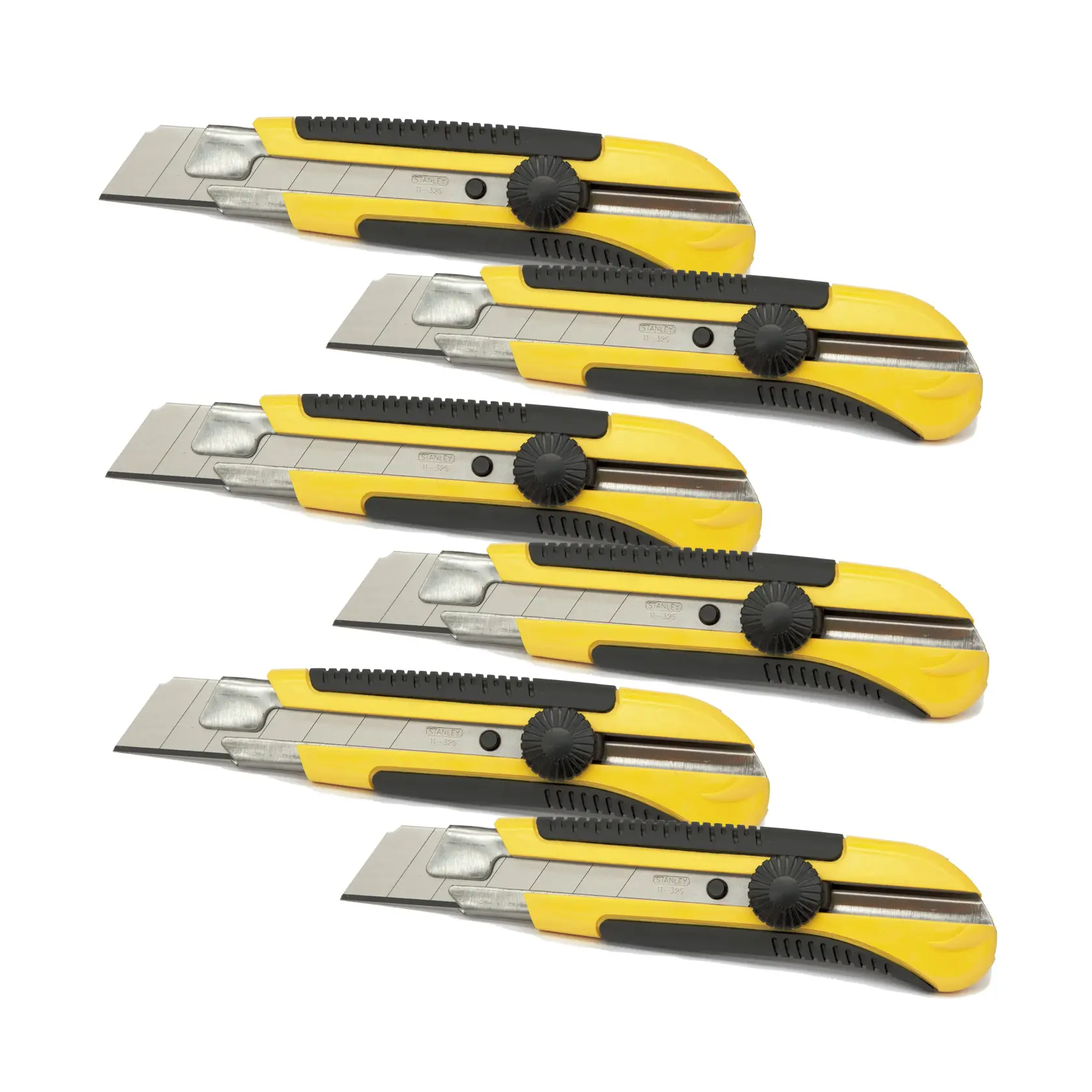 STANLEY 1-10-425 photography of five yellow and black utility knives side view on white background